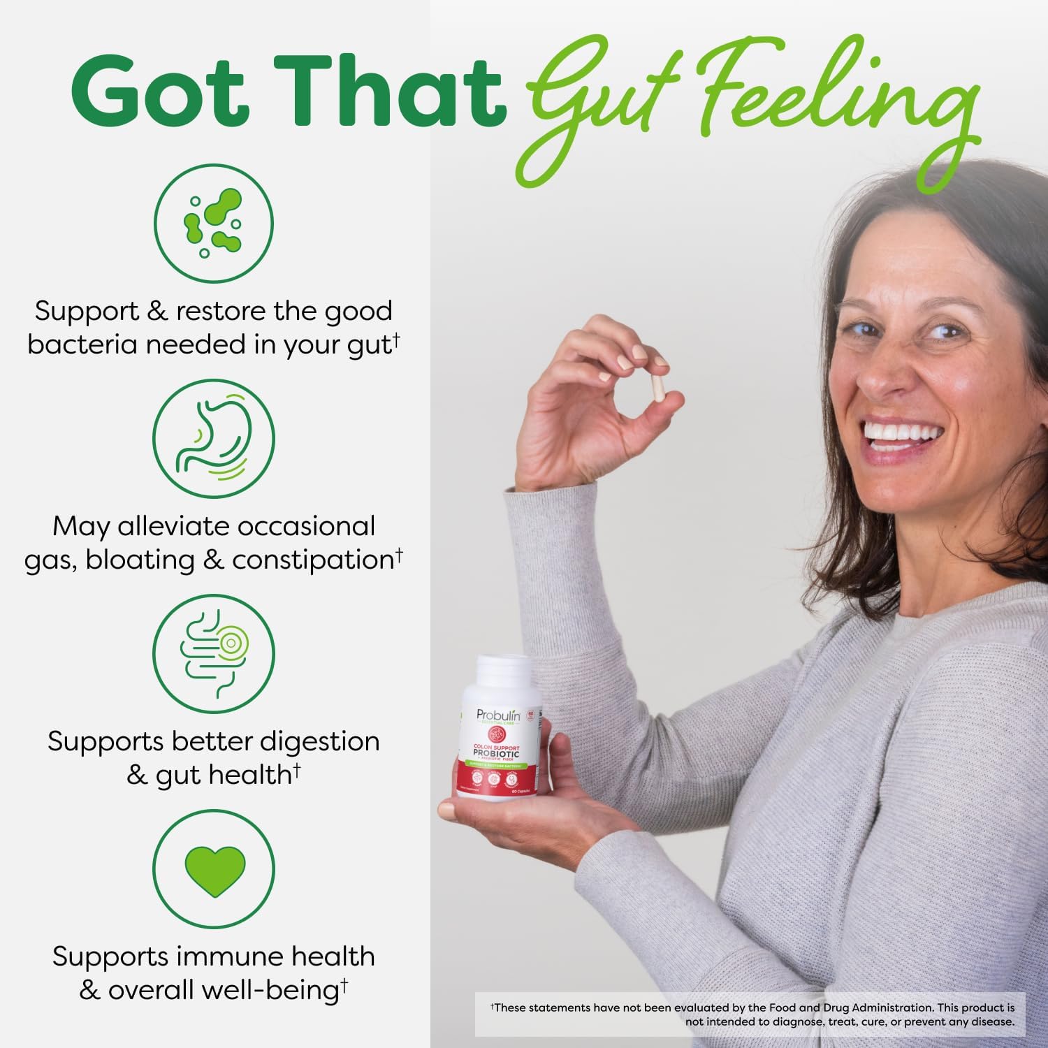 Probulin Colon Support Daily Probiotic + Prebiotic + Support Gut Health, Occasional Gas and Bloating - 20 Billion CFU - 12 Strains, 30 Vegan Capsules