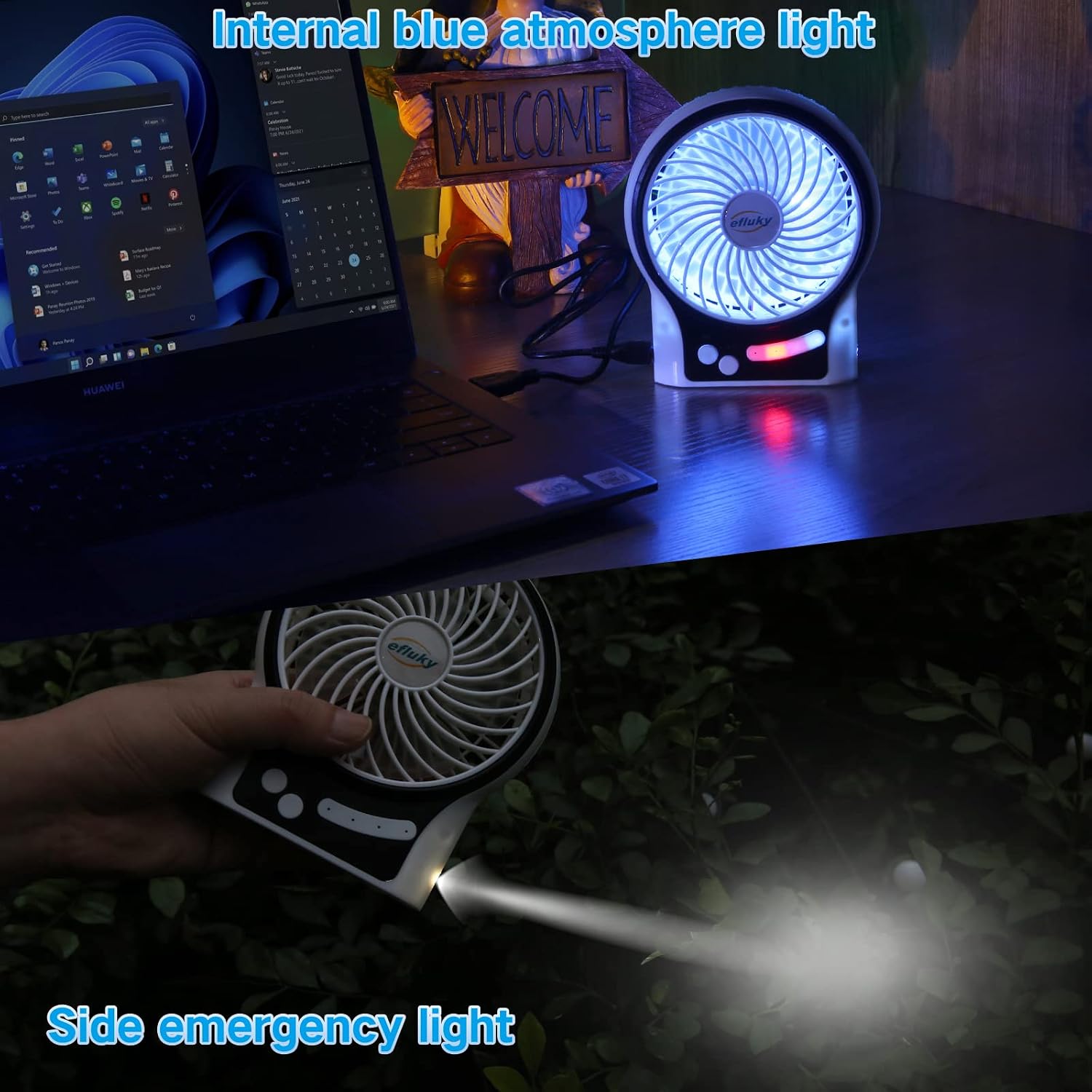 efluky 4.9-Inch Mini Desk Fan - 3 Speeds, Rechargeable Battery/USB Powered with LED Light, Quiet Portable Fan for Home, Office, Travel, Camping (Black)