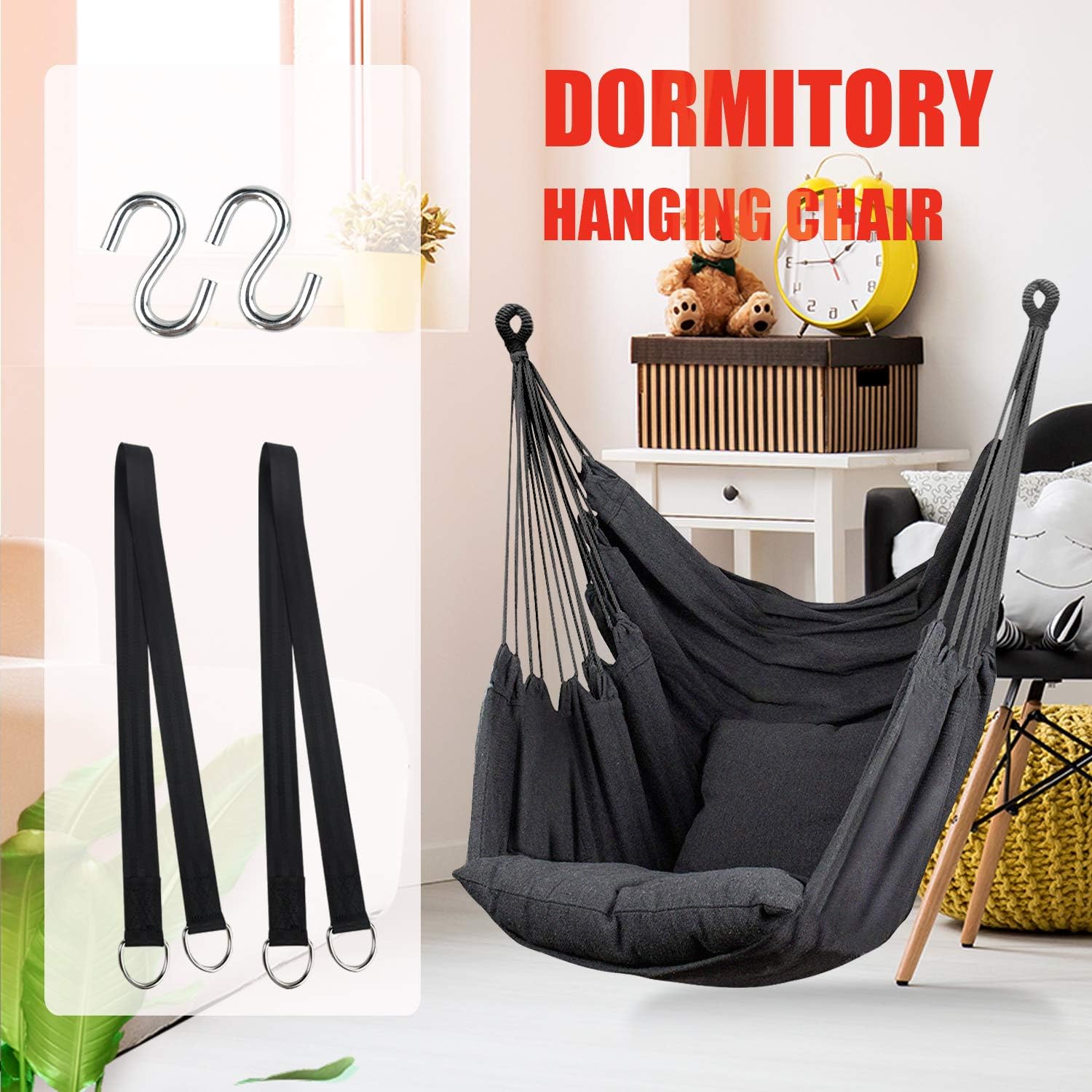 Hommtina Hammock Chair Hanging Rope Swing, Max 300 Lbs Hanging Chair with Pocket & Durability Perfect for Outdoor, Home, Bedroom, Patio