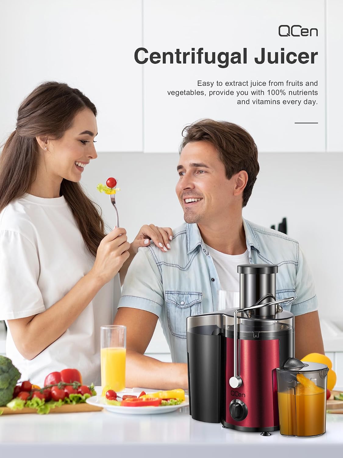 QCen Juicer Machine 500W Centrifugal Juicer with Extra Wide Feed Chute