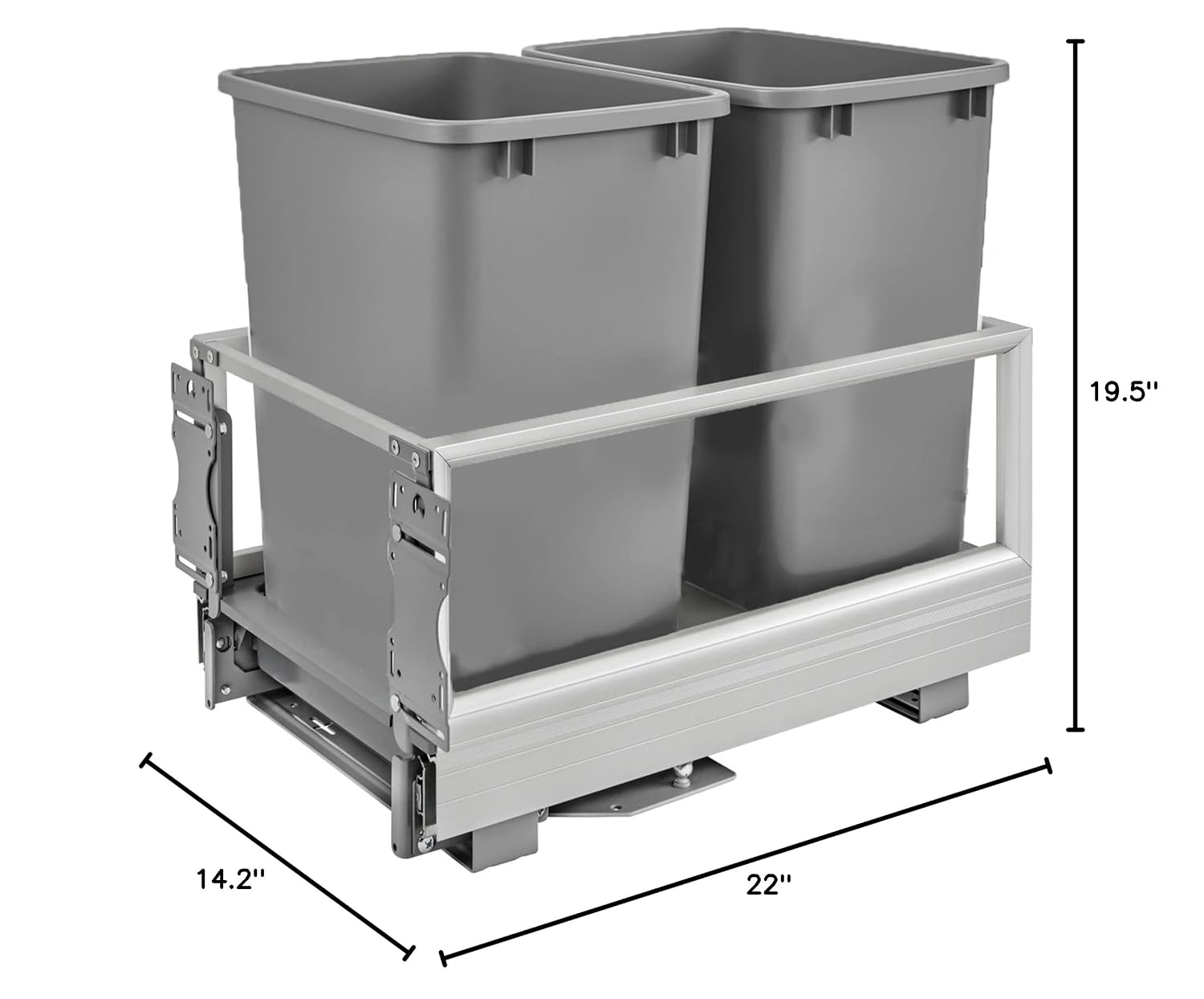 Rev-A-Shelf Double 50 Qt Pull Out Trash Can w/Soft-Close for Base Kitchen Cabinets, Min Opening Width of 15.75", Silver, 5149-2150DM-217