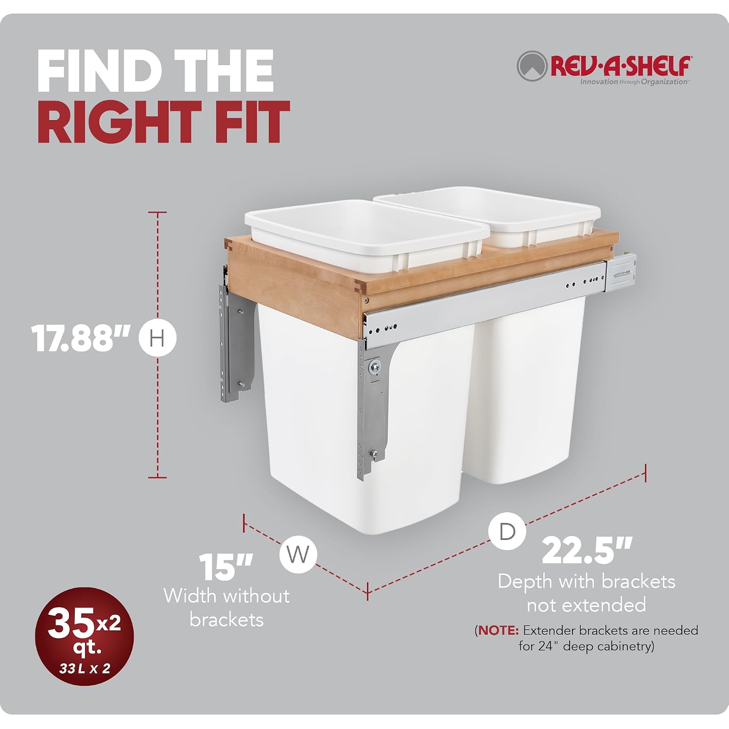 Rev-A-Shelf Top Mount Double Pullout Under Cabinet 50 Quart Kitchen Trash Cans w/Soft-Close for Full Height Cabinet, 150 Pound Rated Full-Extension Slides, 4WCTM-2150BBSCDM-2