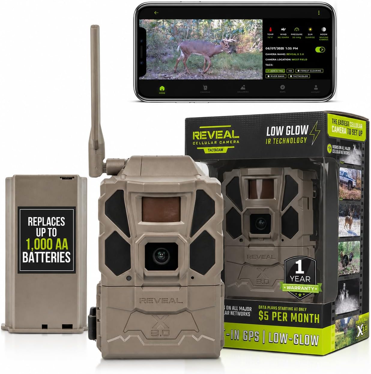 TACTACAM Reveal X 3.0 Cellular Trail Camera + LiPo Battery Pack | Night Vision | 4K photo, 1080p video, auto-connect multi-carrier LTE