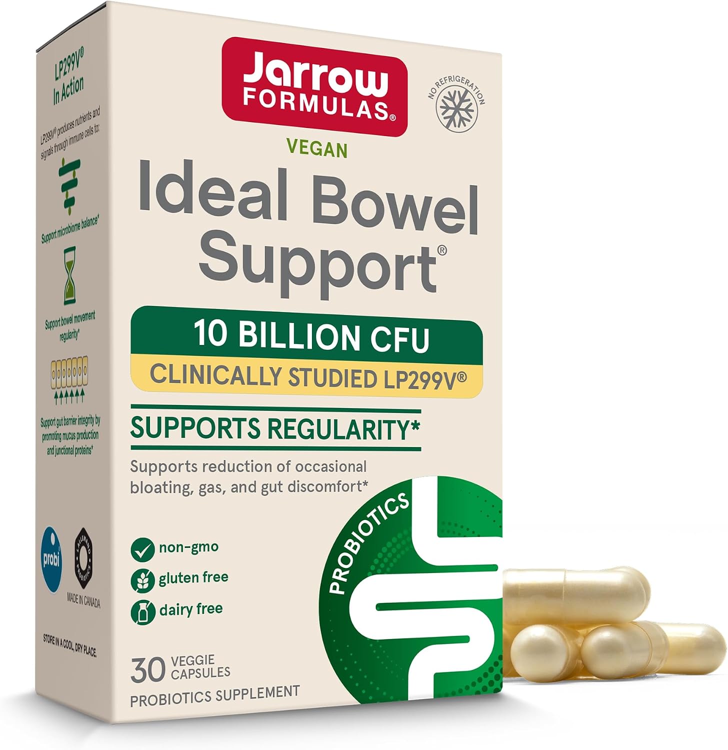 Jarrow Ideal Bowel Support, Probiotic 10 Billion CFU, 30 Capsules | Probiotic Capsules With 10 Billion CFU Per Serving
