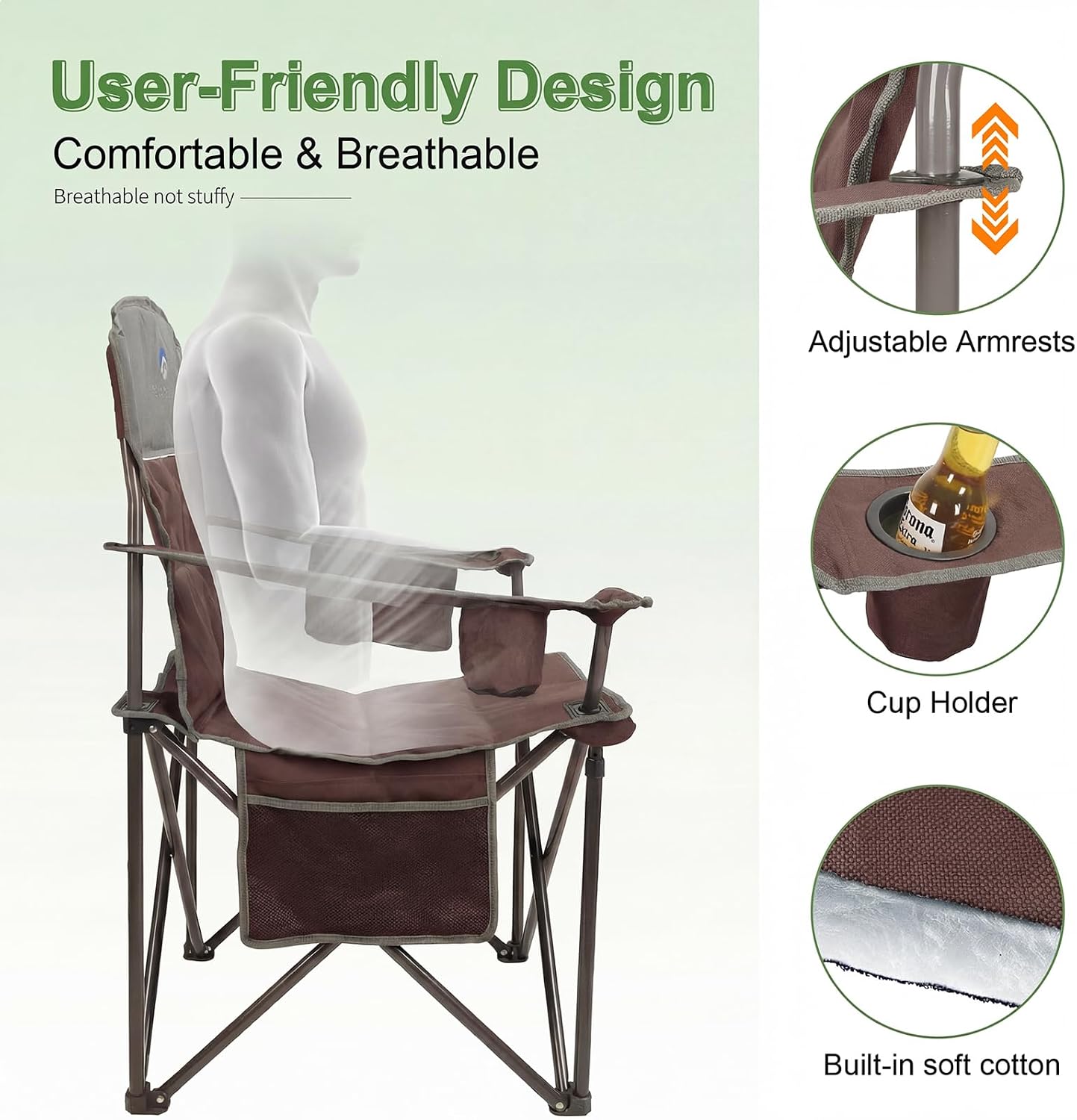 Oversized Camping Chairs 2 Pack - Heavy Duty 400LBS Padded Lawn Chair with Cooler Bag,Cup Holder,Side Pocket,Collapsible for Outdoor,Camp,Fishing & Garden,Dark Green