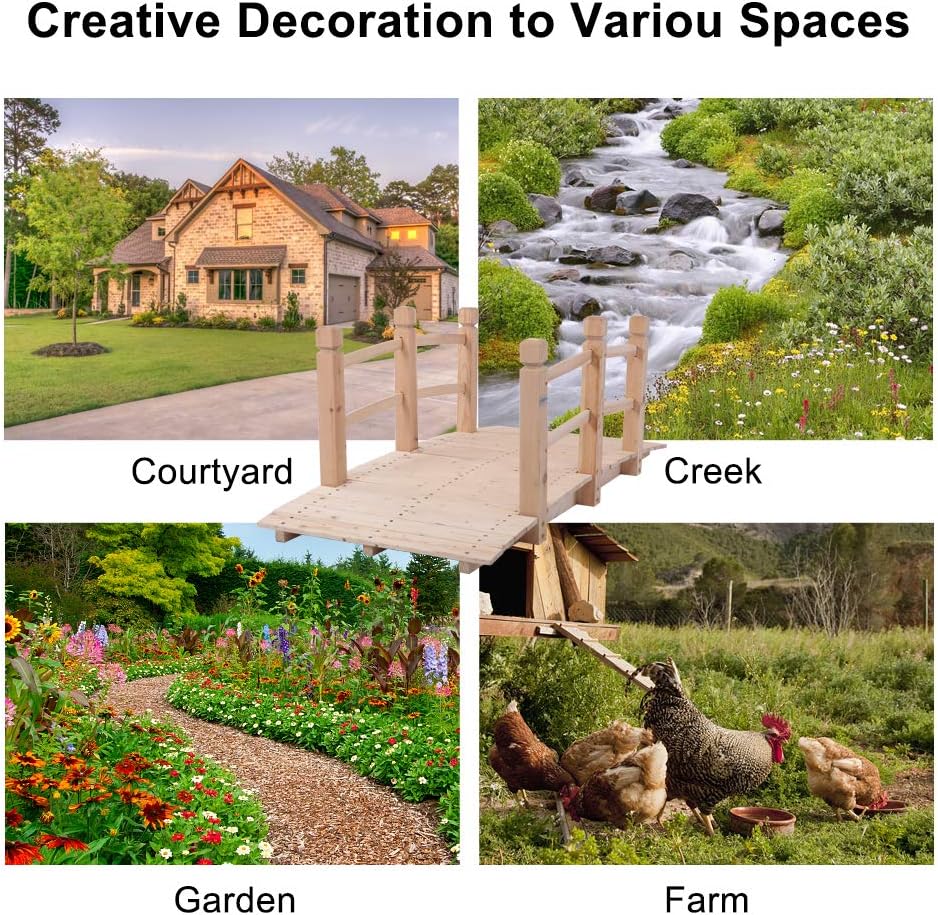 VINGLI 5 ft Garden Bridge, Classic Wooden Arch with Safety Rails Stained Finished Footbridge, Decorative Pond Landscaping, Backyard, Creek or Farm