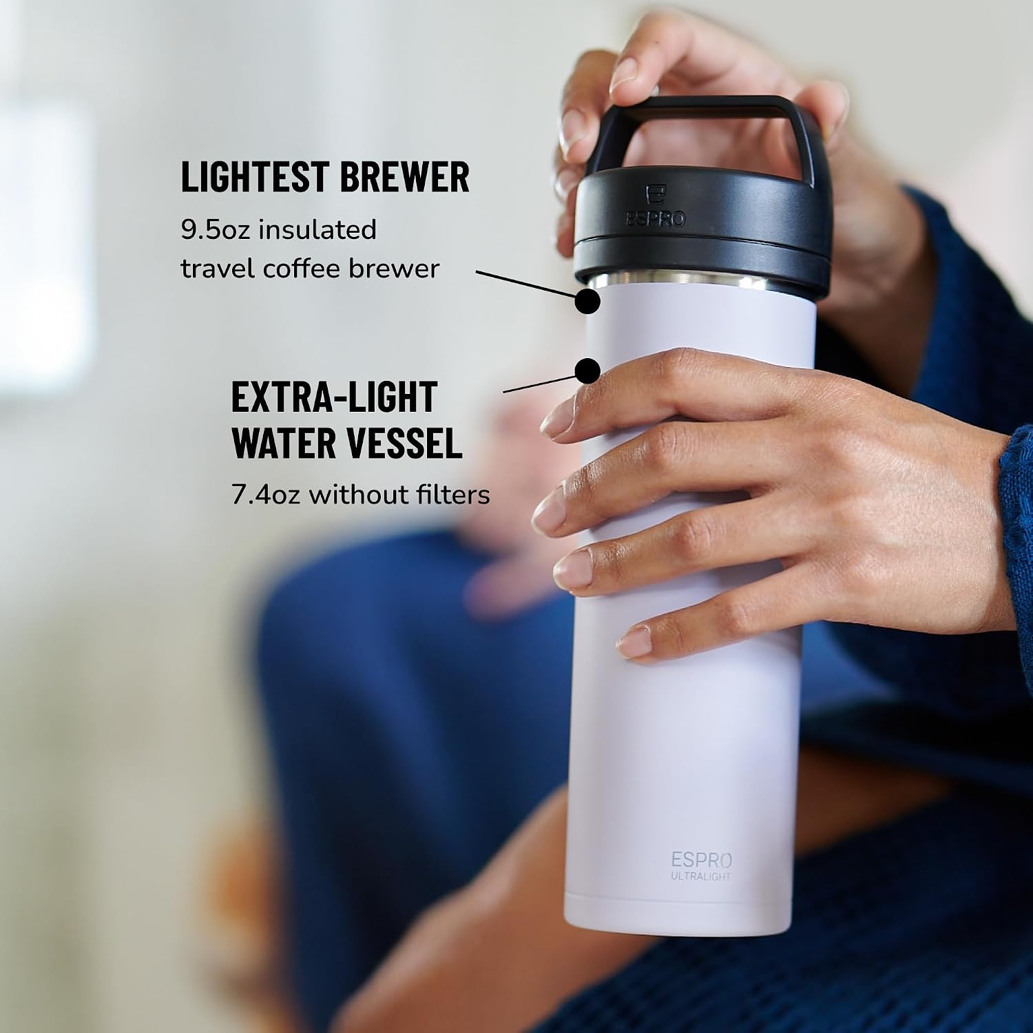 ESPRO Go P0 Ultralight French Press Coffee Maker for Travel, Vacuum Insulated Stainless Steel, 16 Ounces, Matte Meteorite Black