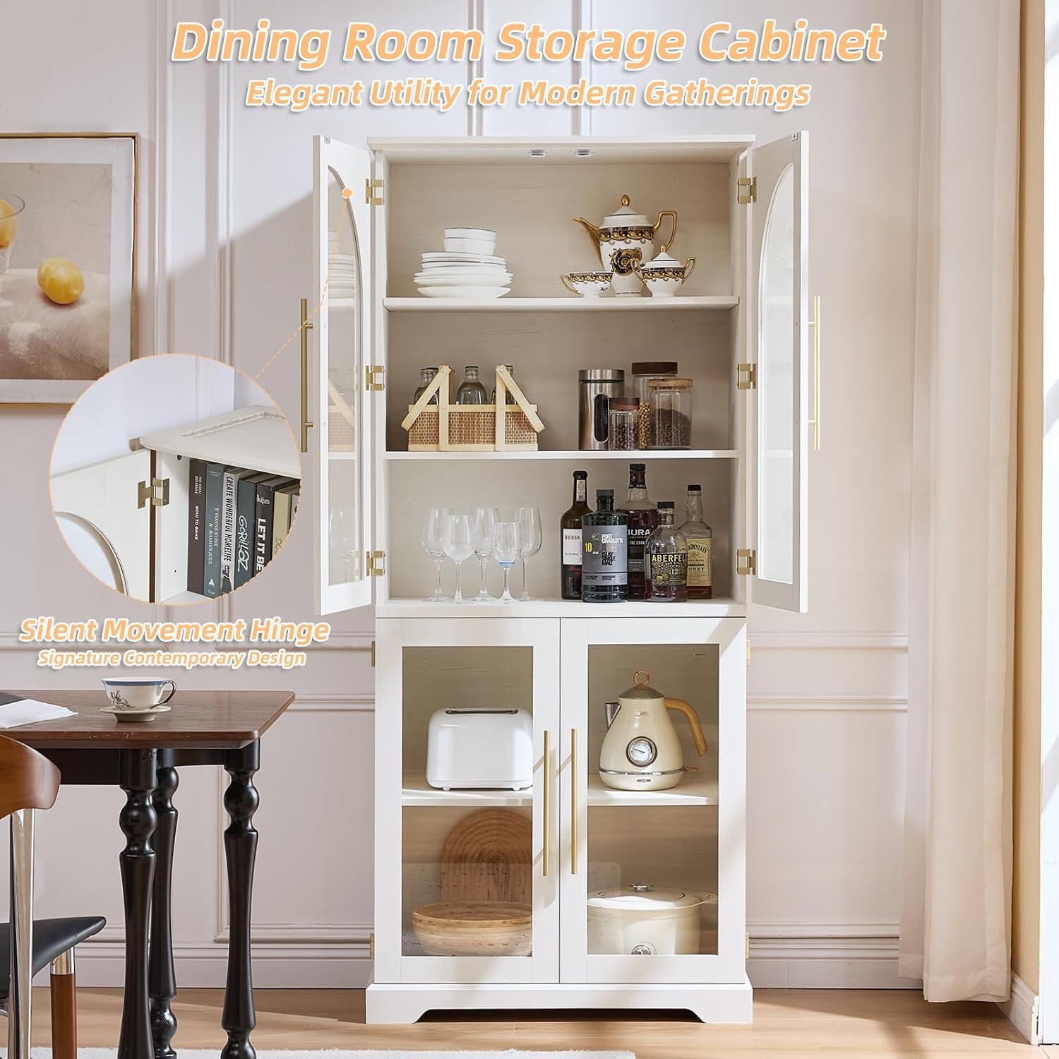 Joaxswe 72" Tall Bookshelf with 4 Curved Glass Doors, Farmhouse Bookcase with 3-Tier Adjustable Shelves, Modern Living Room Display Cabinet, Large Storage Cabinet for Home Office,Dining Room, Natural