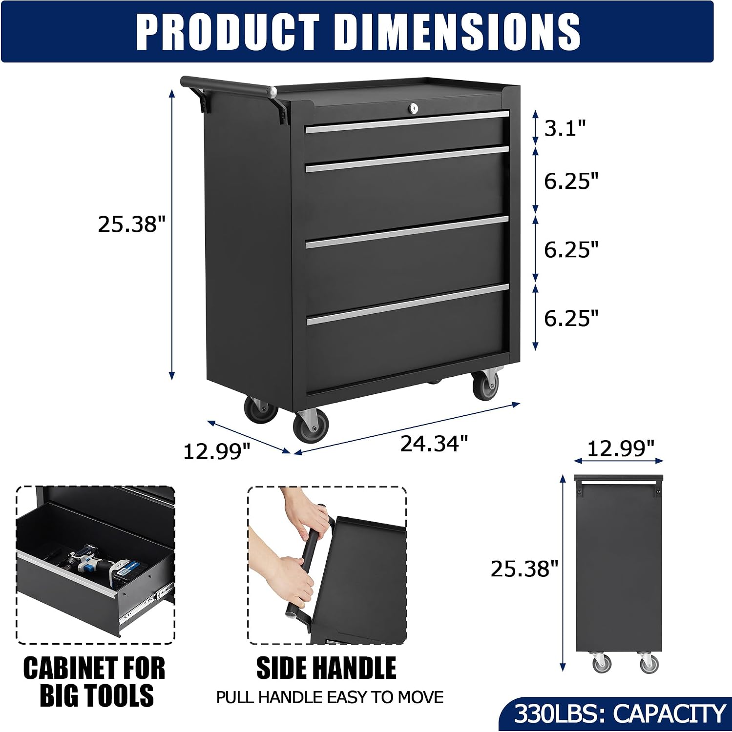 Rolling Tool Chest with Wheels, 5 Drawer Tool Storage Cabinet, Portable Toolbox Organizer with Lock, Heavy Duty Tool Chest Cart for Garage, Mechanic, Workshop, Shop, Mobile Tool Organizer, Black