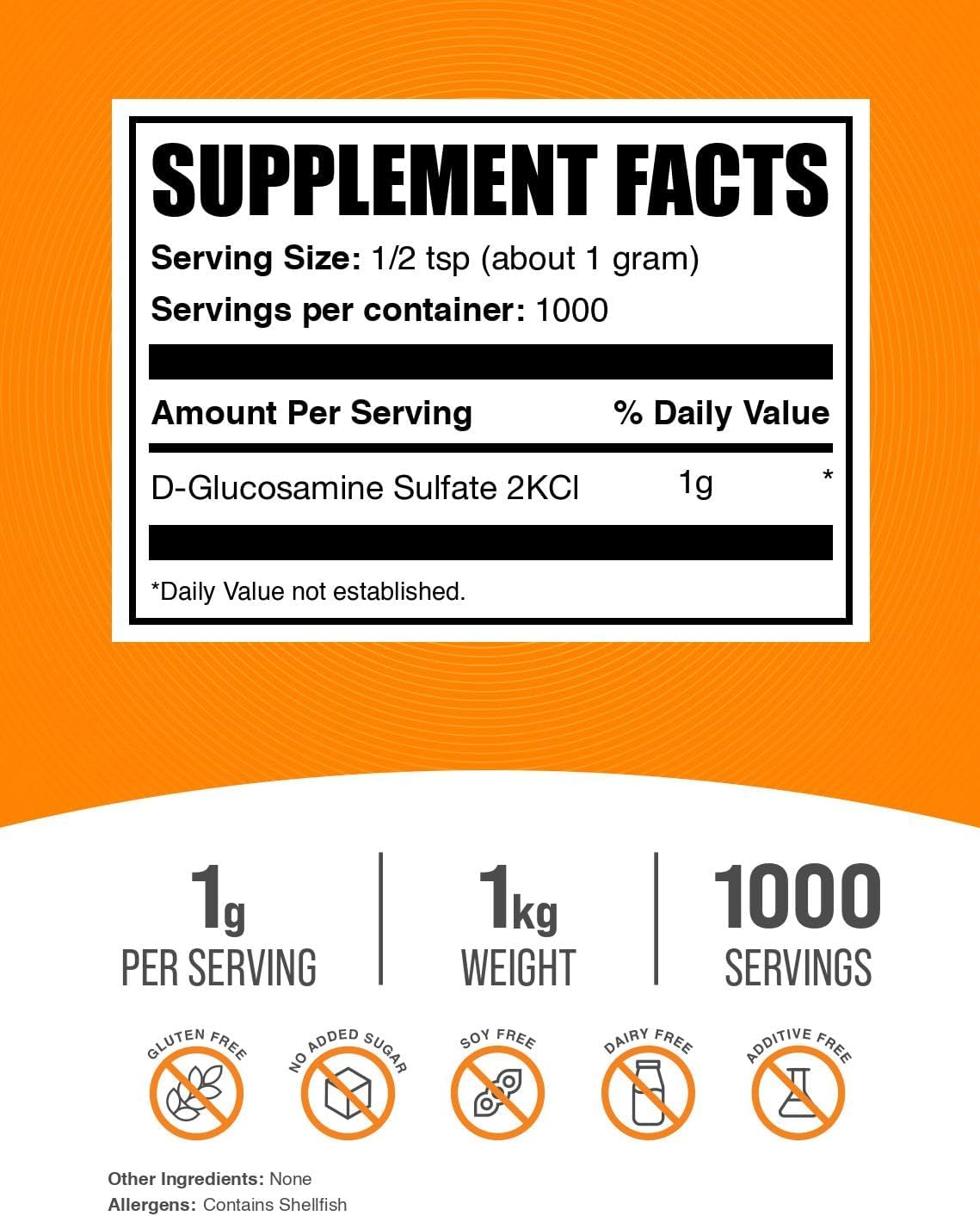 BulkSupplements.com Glucosamine Sulfate Powder - Glucosamine Supplement, Joint Support Supplement - Gluten Free, 1g per Serving, 1kg (2.2 lbs) (Pack of 1)