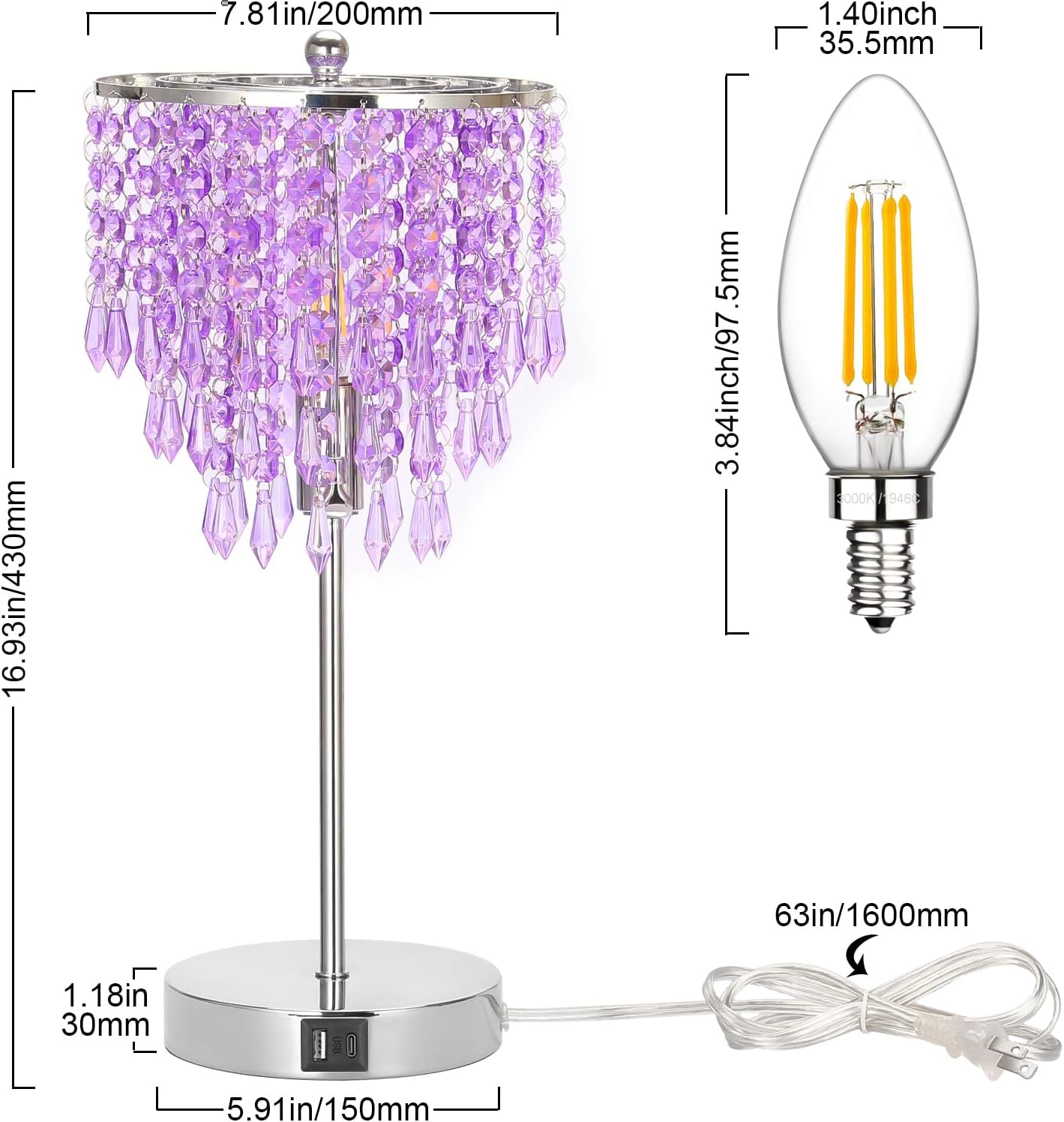 Touch Control Crystal Table Lamp with USB C+A Charging Ports, 3-Way Dimmable Bedside Touch Lamp Decorative Nightstand Lamp with Elegant Lampshade for Living Room Bedroom, B11 LED Bulb Included
