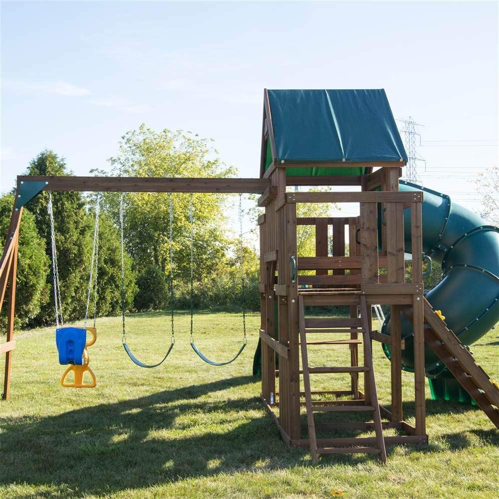 Swing-N-Slide WS 8359 Tellico Terrace Wood Swing Set with Two Slides, Climbing Wall & Swings, Brown