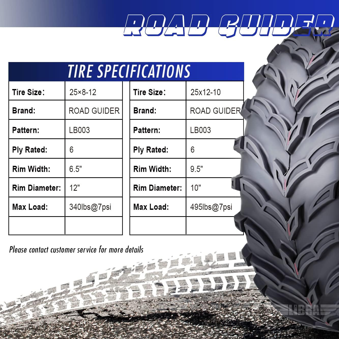 ROADGUIDER Set 4 ATV/UTV Tires 25x8-12 Front 25x12-10 Rear 6PR 10272/274