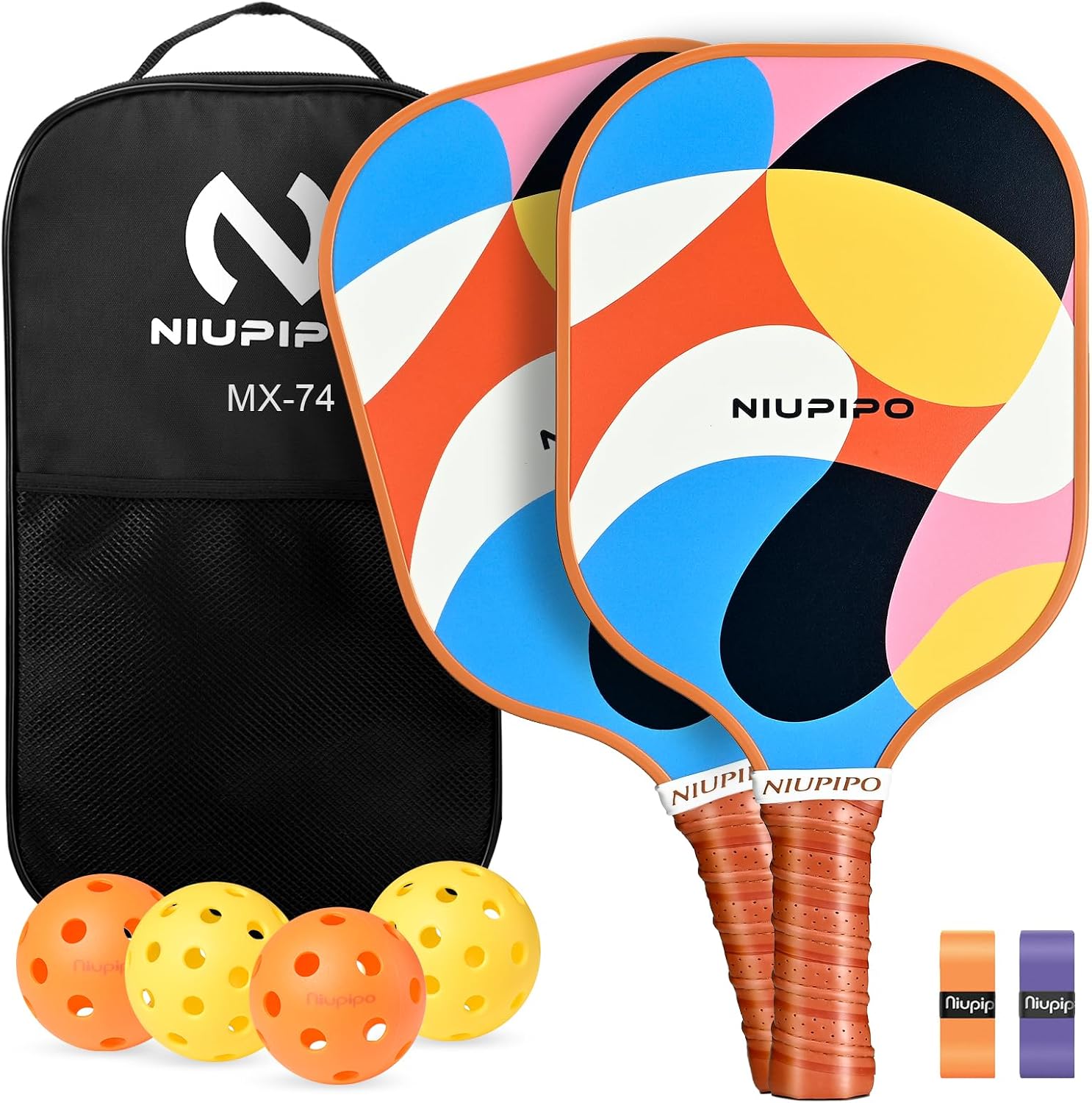 niupipo Pickleball Paddles Set of 2 or 4, USAPA Approved Fiberglass Pickleball Paddle Set with Balls and Bag, Polypropylene Honeycomb Core
