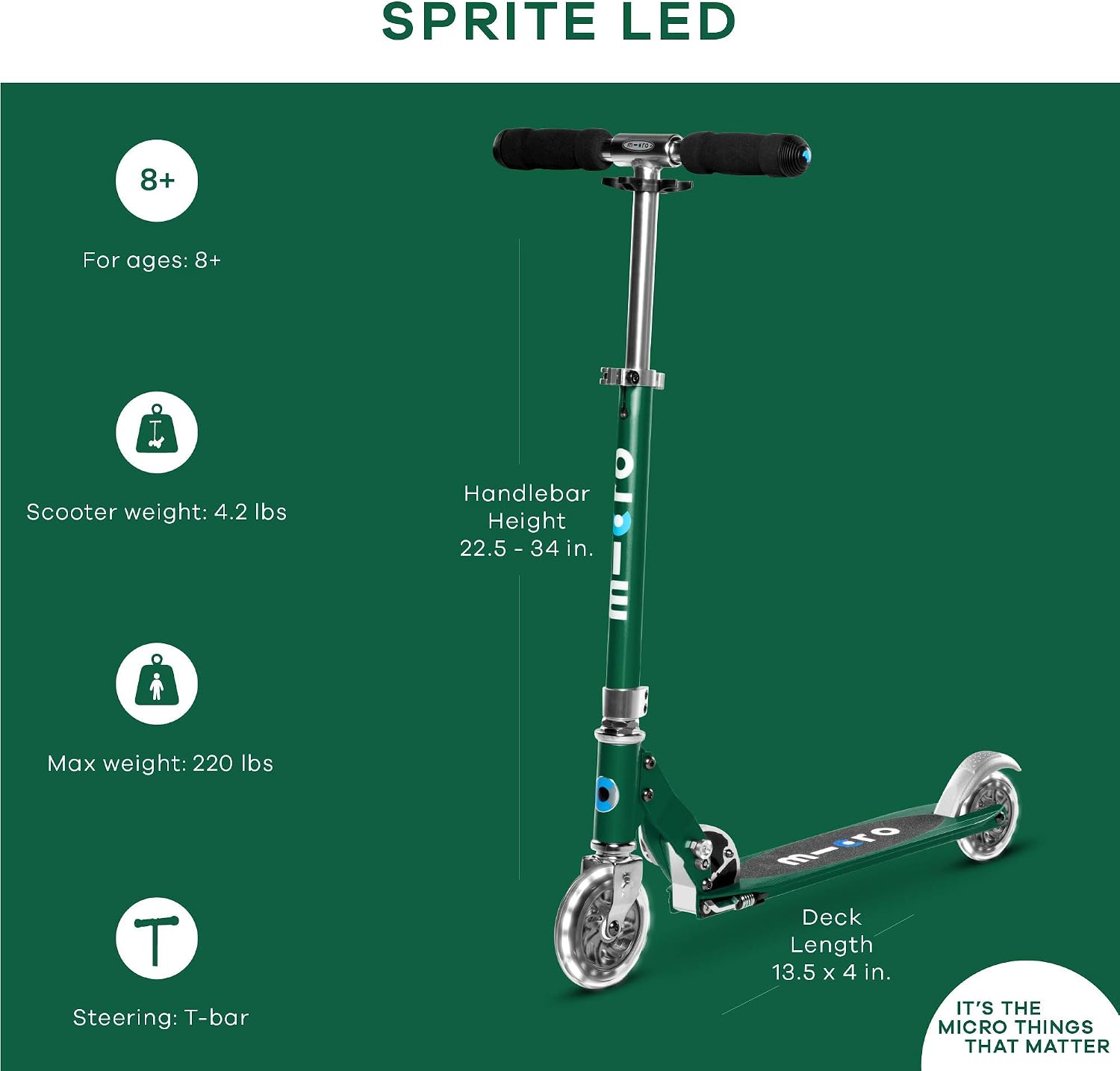 Micro Kickboard | Sprite Foldable LED Scooter for Ages 6+ | Children up to 220 lbs | 2 Wheel | Travel Ready | Adjustable T Bar | Smooth Ride
