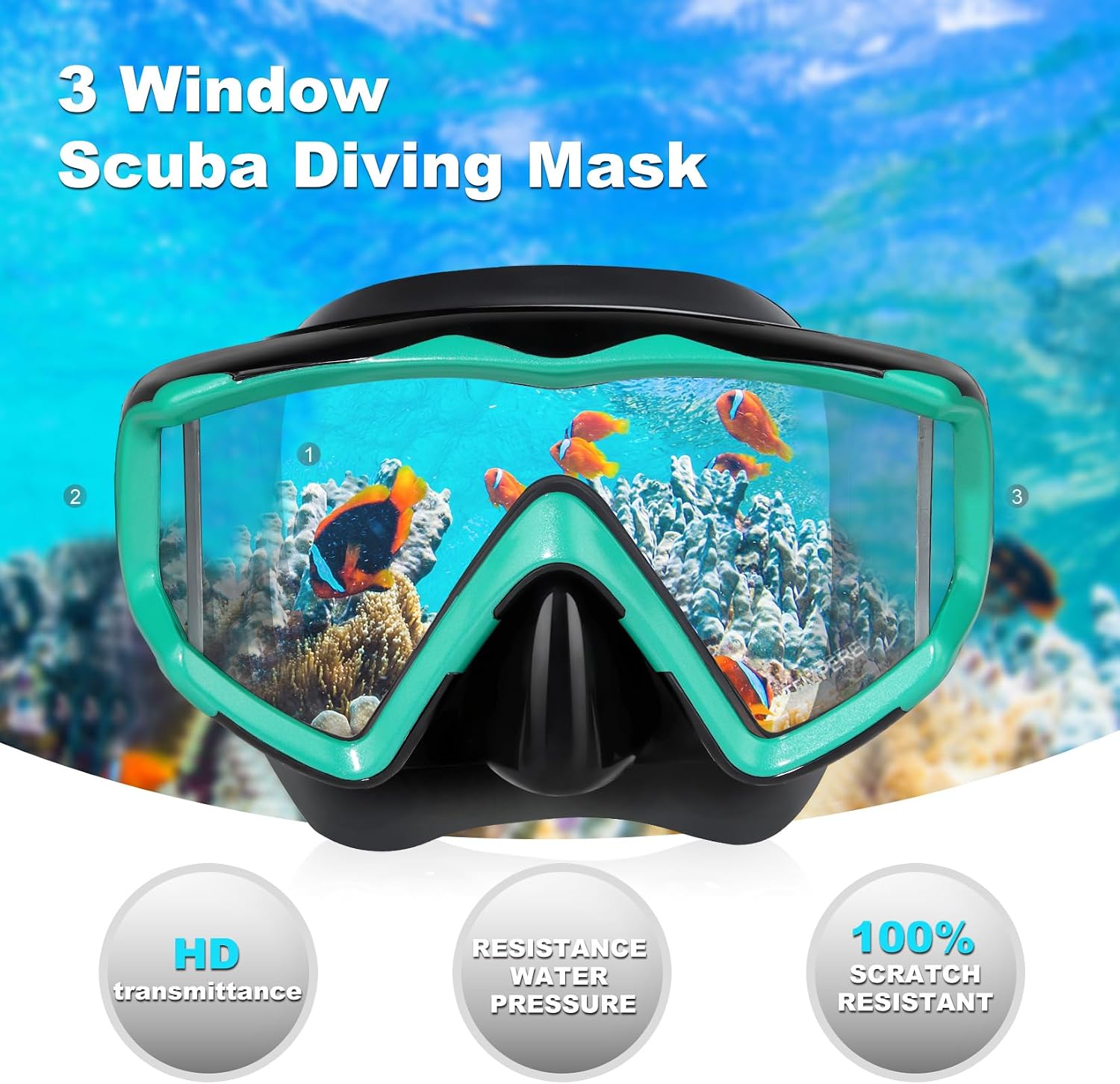 Adult Pano 3 Scuba Diving Mask, Tempered Glass Snorkel Mask Anti-Fog Swim Mask No Leakage Swim Goggles with Nose Cover Snorkeling Gear for Snorkeling