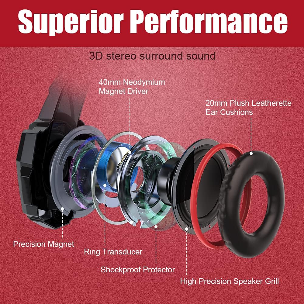 BENGOO G9000 Stereo Gaming Headset for PS4 PC Xbox One PS5 Controller, Noise Cancelling Over Ear Headphones with Mic, LED Light, 7.1 Surround Sound, Soft Memory Earmuffs for Nintendo Xbox Series X|S