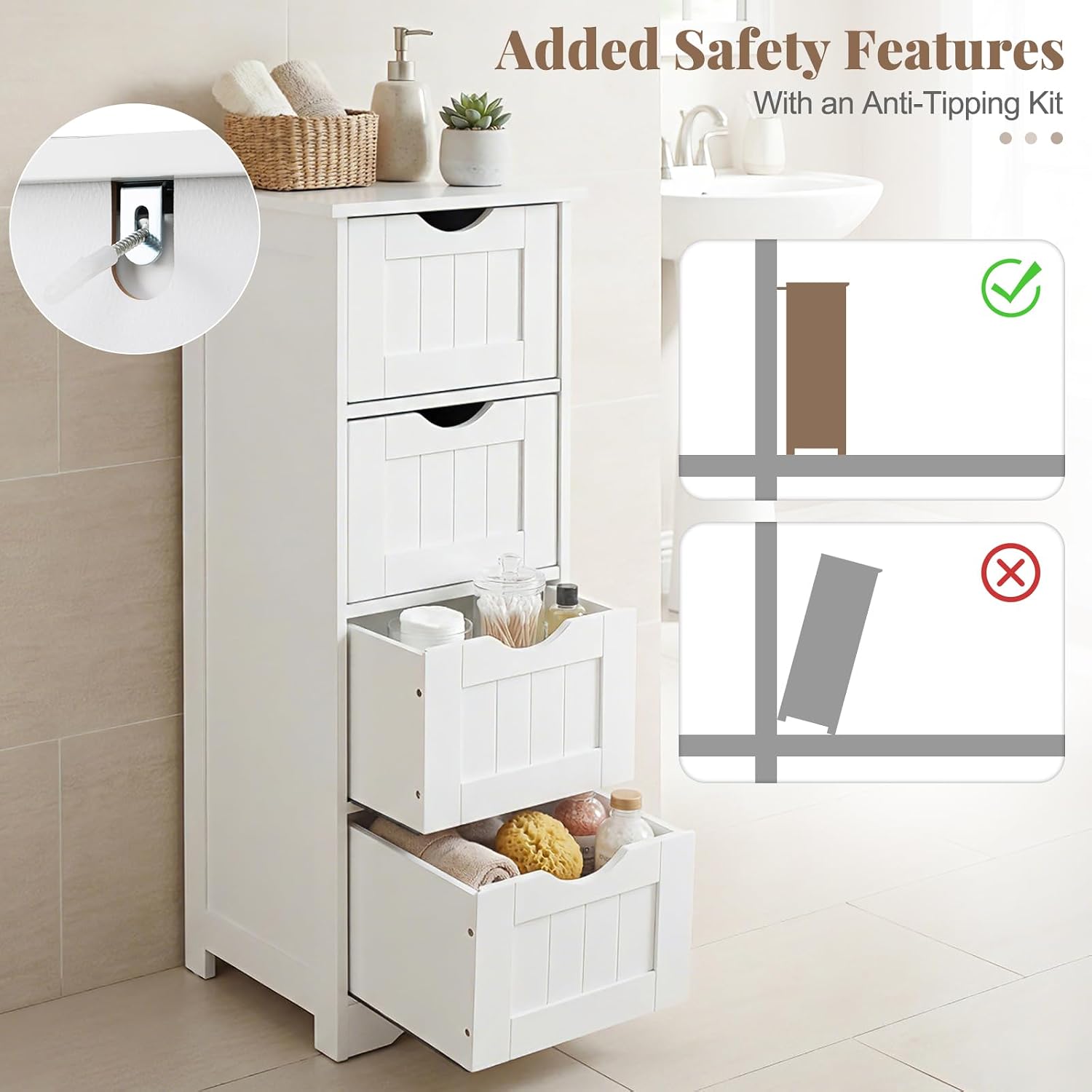 Tangkula Bathroom Floor Cabinet, Freestanding Narrow Side Storage Organizer with 4 Drawers, Multifunctional Towel Cabinet with Anti-Tip Kit for Living Room Laundry Entryway (4 Drawers, White)