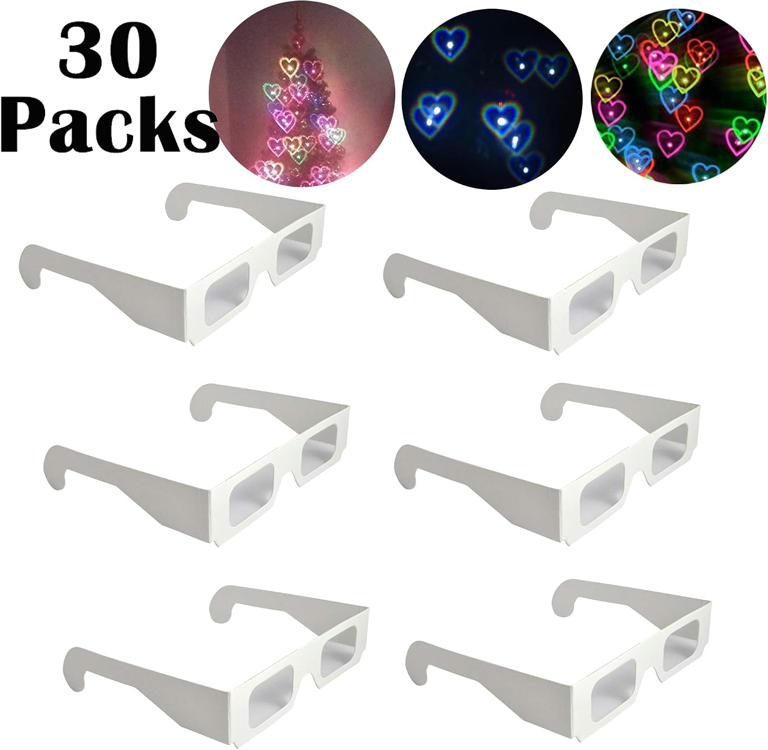 30 Packs Rainbow Hearts Diffraction Glasses Heart Shapes 3D Glasses Special Effect Light for Outdoor Music Party/Bar/Fireworks