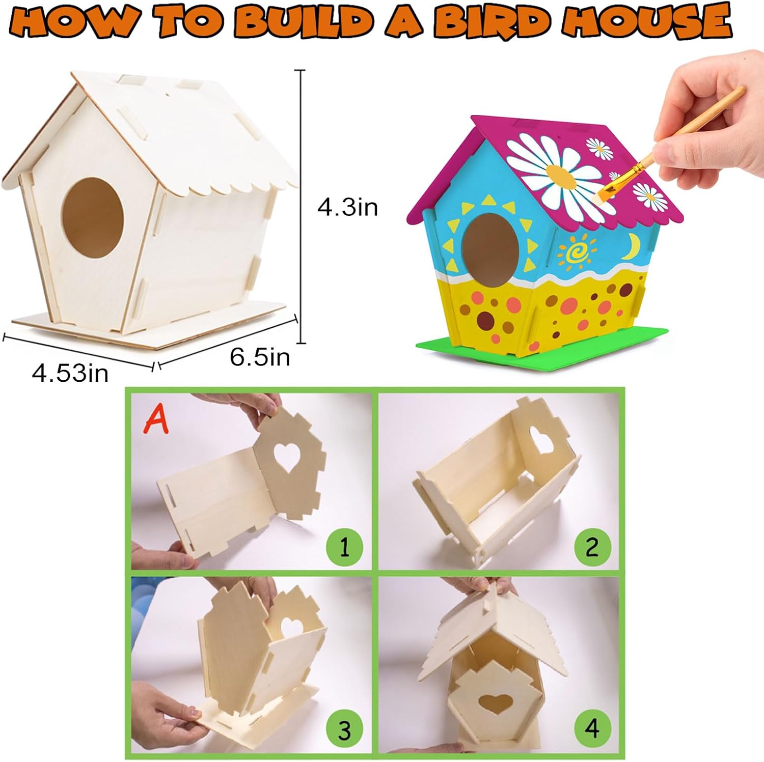 hapray 4 Pack Bird House Craft Kit, DIY Birdhouse for Kids to Build & Paint