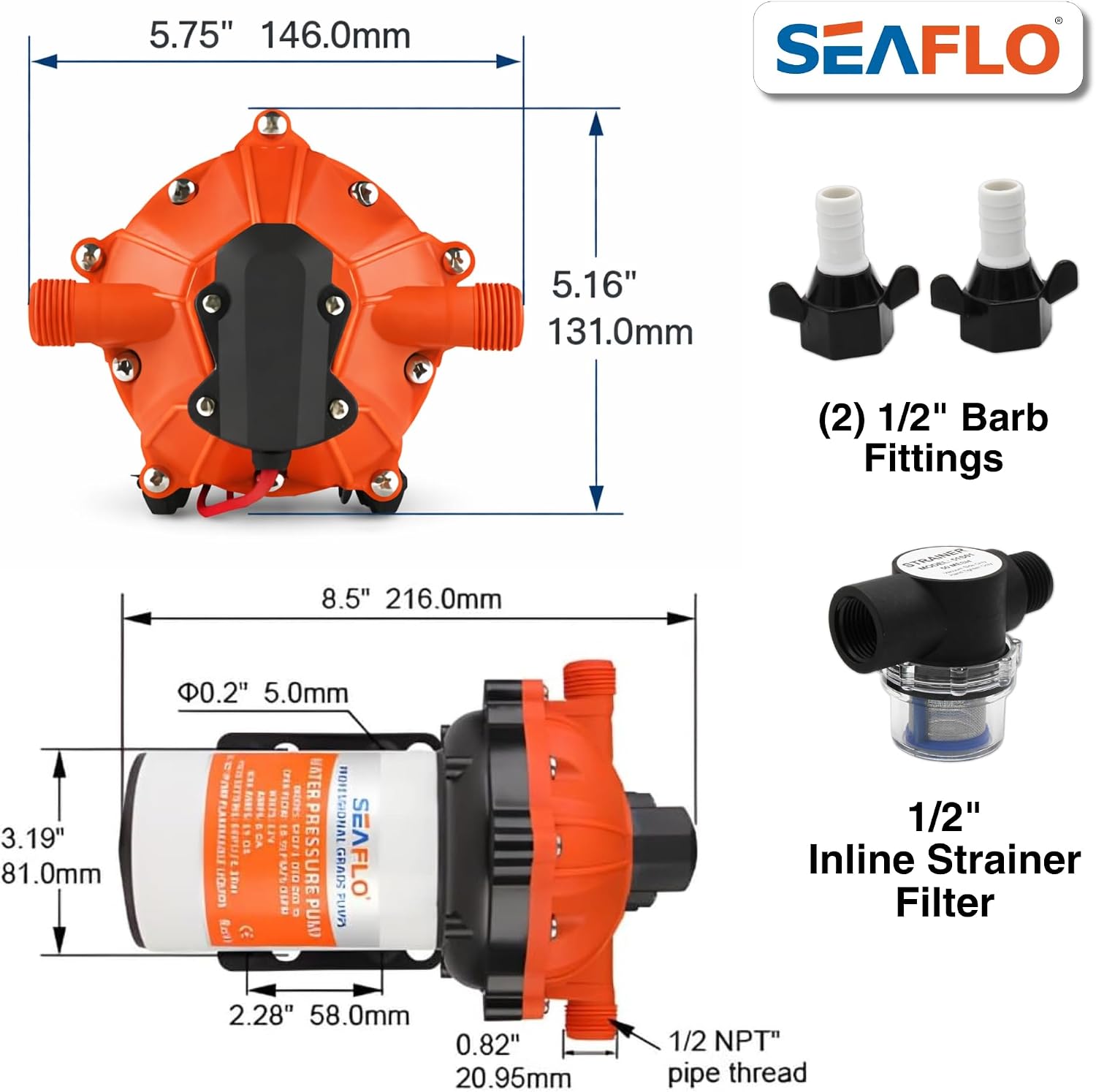SEAFLO 55 Series 12V RV Water Pump 5.5 GPM 60 PSI Diaphragm Pump Heavy Duty Pressure Switch Built In Bypass Self Priming Quiet High Flow RV Marine Off Grid Freshwater System 4-Year Warranty