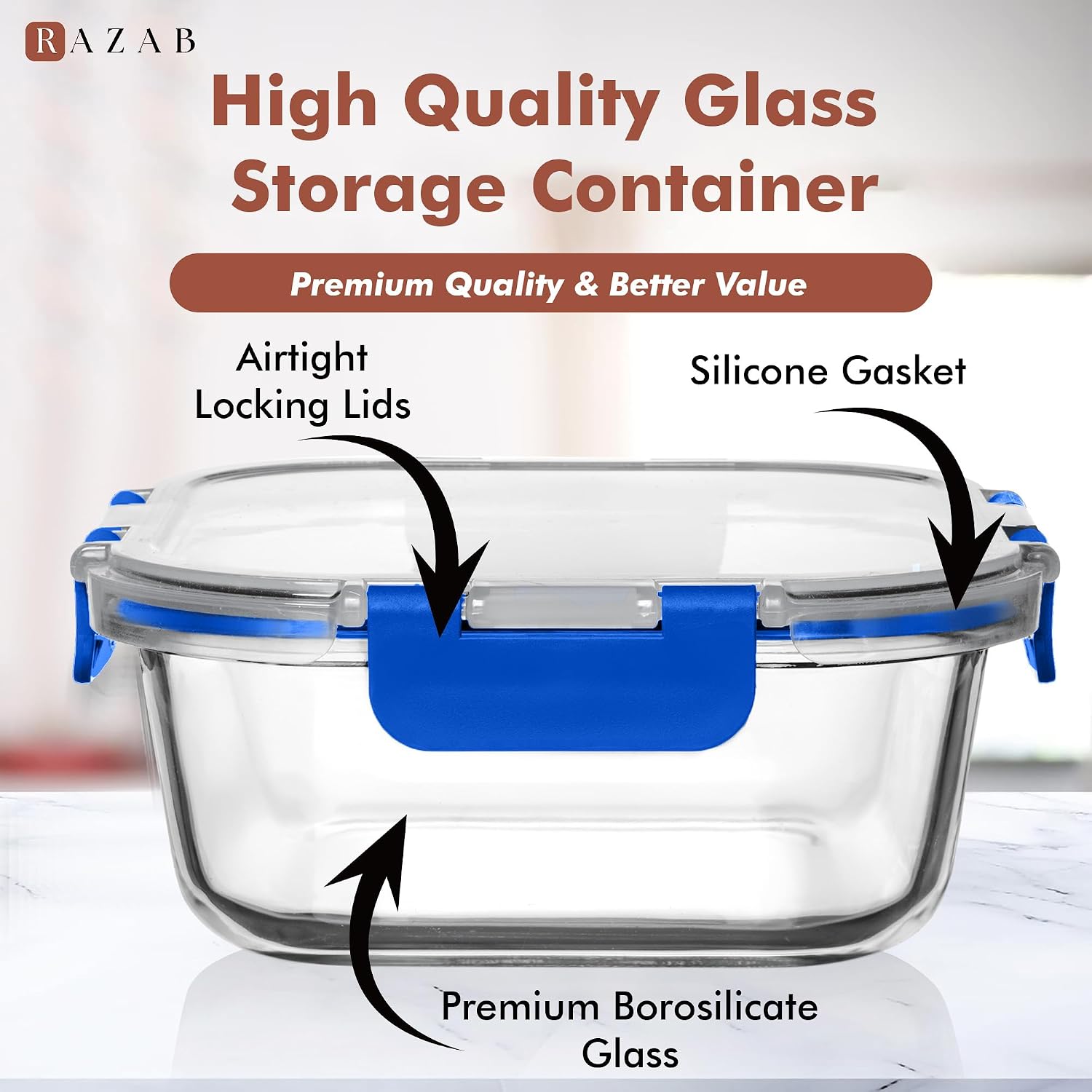 Razab 2 PC 1200ML / 41 Oz Glass Food Storage Containers with Lids - Airtight & Leakproof - Microwave/Oven/Freezer Safe - BPA Free - Ideal for Meal