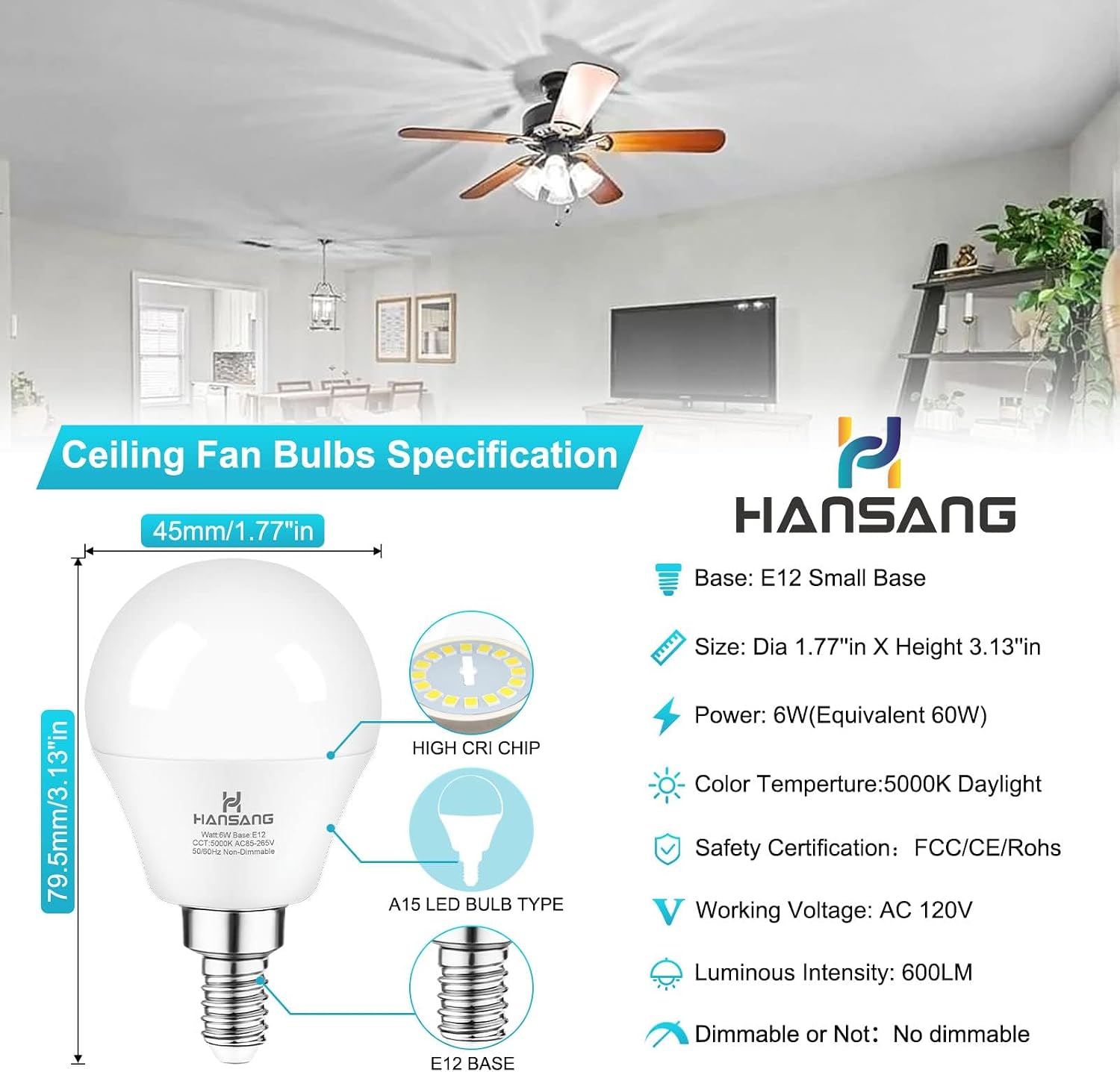 E12 LED Bulb 60W Equivalent Candelabra Light Bulbs 2700K Warm White | Small Base Light Bulb, 6W A15 LED Ceiling Fan Light Bulbs, CRI85+, 120V 600LM Round Bulb for Chandelier, Non-Dimmable 6 Pack