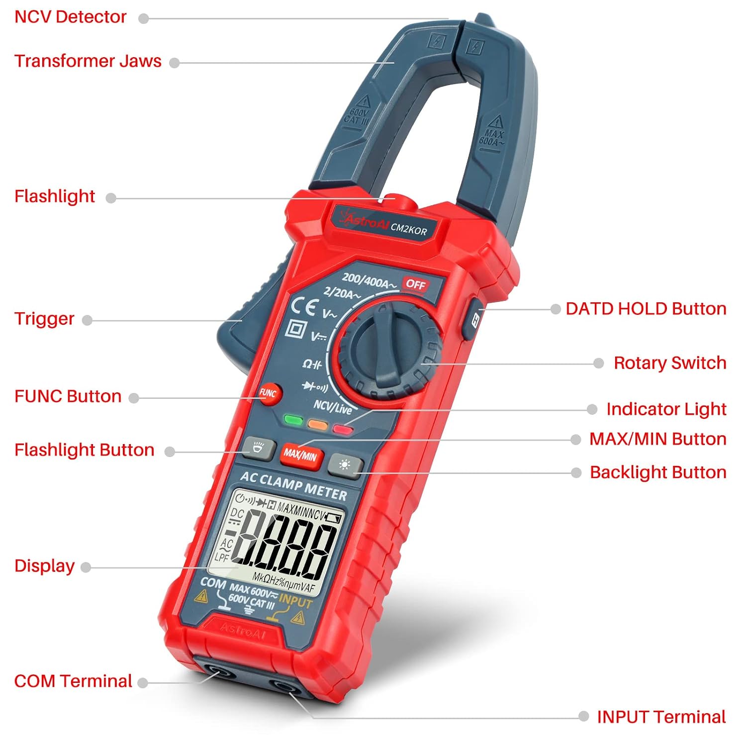 AstroAI Digital Clamp Meter Multimeter 2000 Counts Amp Voltage Tester Auto-ranging with AC/DC Voltage, AC Current, Resistance, Capacitance, Continuity