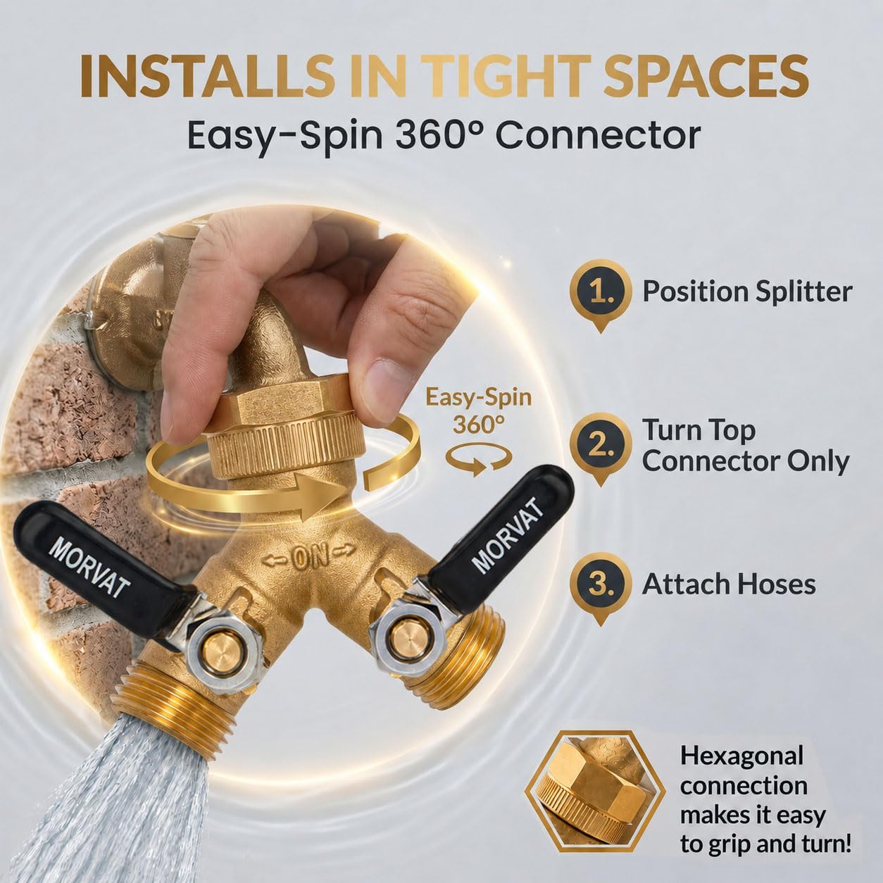 Brass Heavy-Duty Garden Hose Water Splitter | LEAD-FREE 2-Way Y Splitter for Water Spigot & Faucet | Manifold Connector ON/OFF Valves w/Improved Comfort Grip, 3 Extra Washers & Teflon Tape
