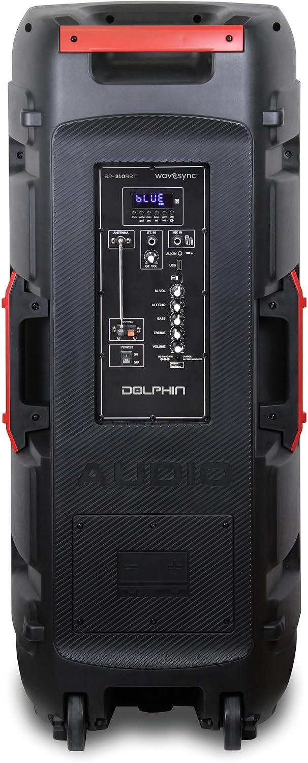 Dolphin Bluetooth Party Speaker with Wireless Mic, Triple 10" Woofers | 120W Output, LED & Strobe Lights, USB/TF/FM/AUX, Guitar & Mic Inputs