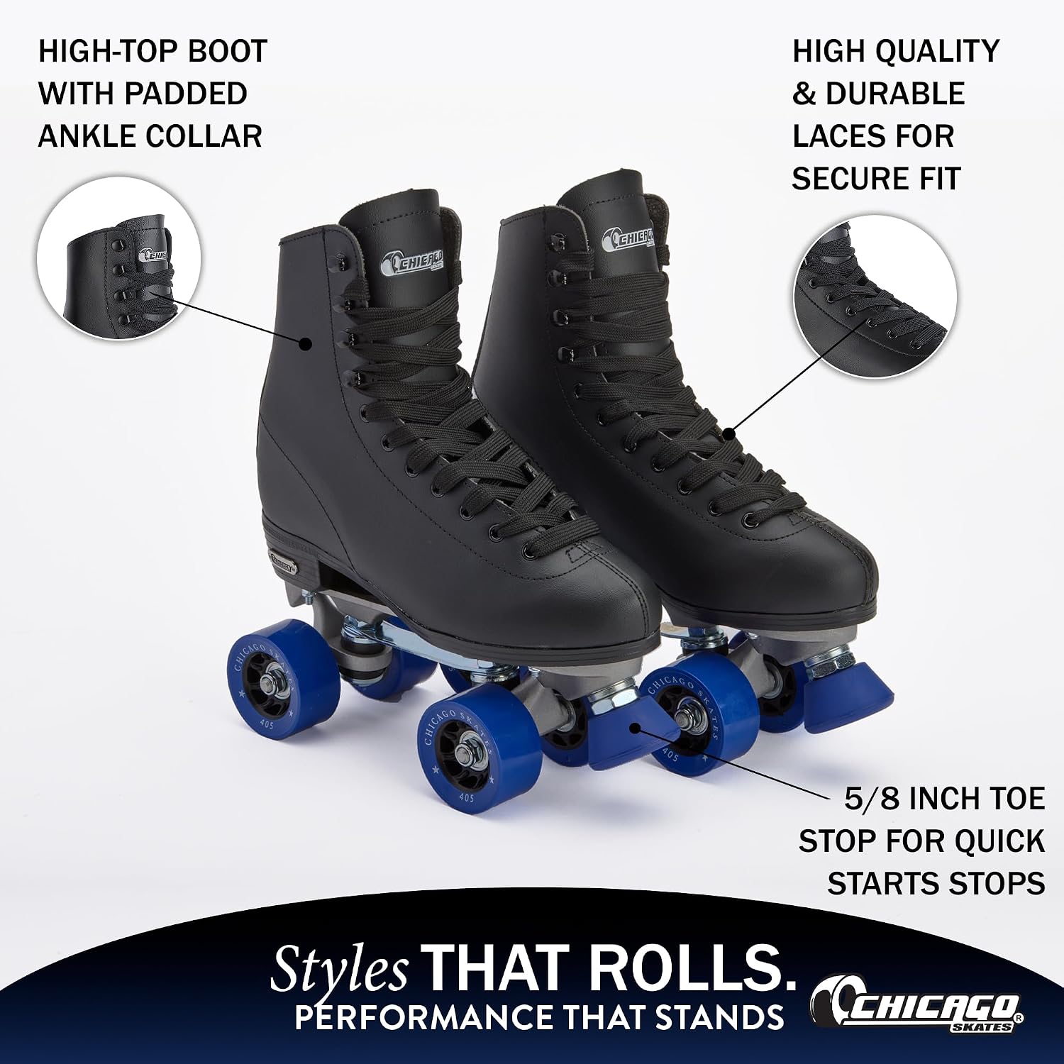 Chicago Skates Classic Quad Roller Skates for Women & Men – Durable & Top Performance, Adjustable High-Top Boots for Safe Indoor/Outdoor Roller Derby–60mm PU Wheels & Semi-Precision Bearings