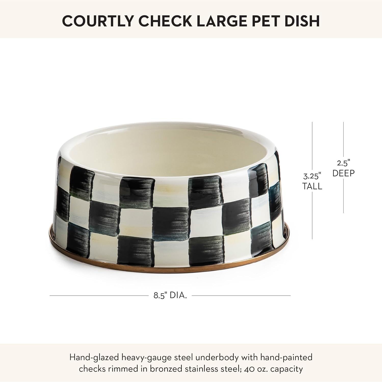 MACKENZIE-CHILDS Enamel Pet Dish, Large, Black-and-White Courtly Check | Decorative cat and dog bowl for food and water, 40-ounce capacity