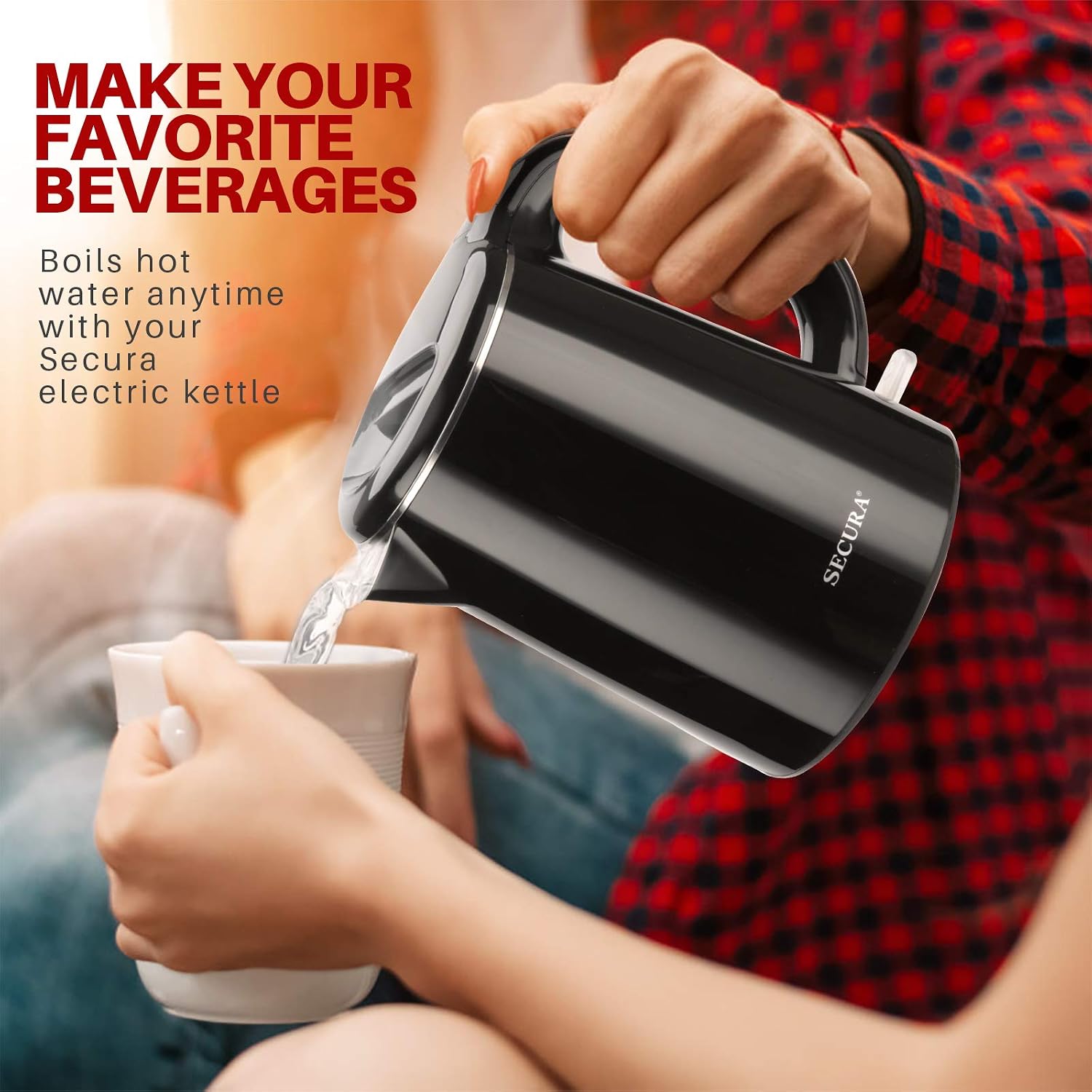 Secura Stainless Steel Double Wall Electric Kettle Water Heater for Tea Coffee w/Auto Shut-Off and Boil-Dry Protection, 1.0L (Orange) SWK-1001DO/HB-K012