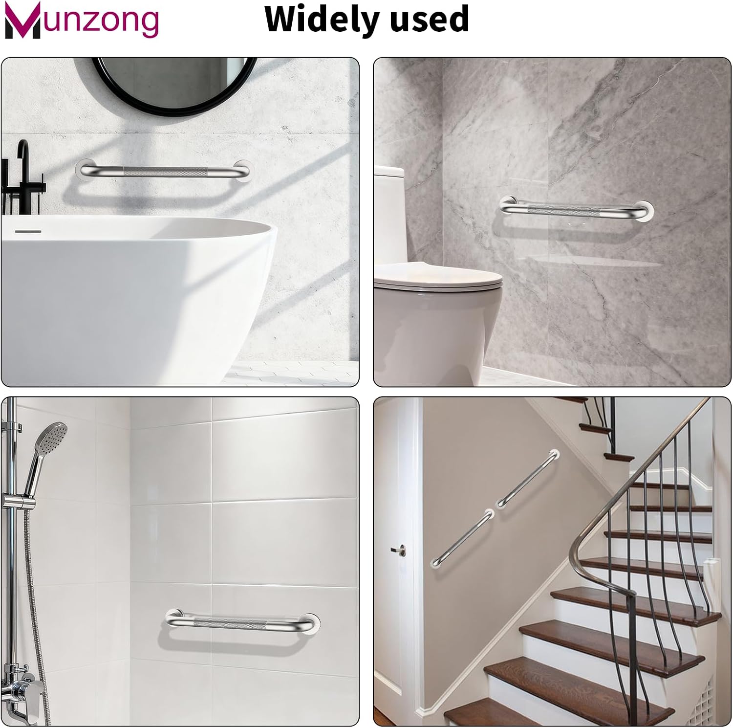 Munzong 3 Pack Commercial Handicap Grab Bars 18" 36" 42" Brushed Nickel | Bathroom Grab Bar for Shower 1.25" Diameter Anti Slip Bathroom Balance Bar Safety Hand Rail for Elderly Injury Senior