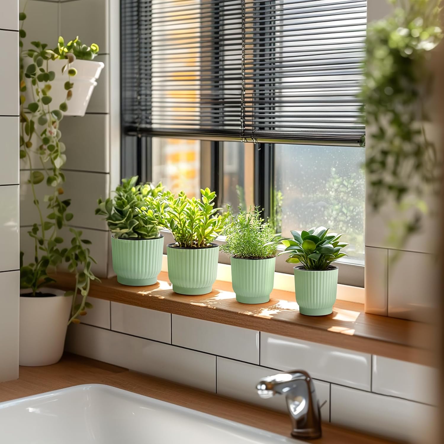 T4U Self Watering Pots for Indoor Plants, 4 Inch 6 Pack Planter White