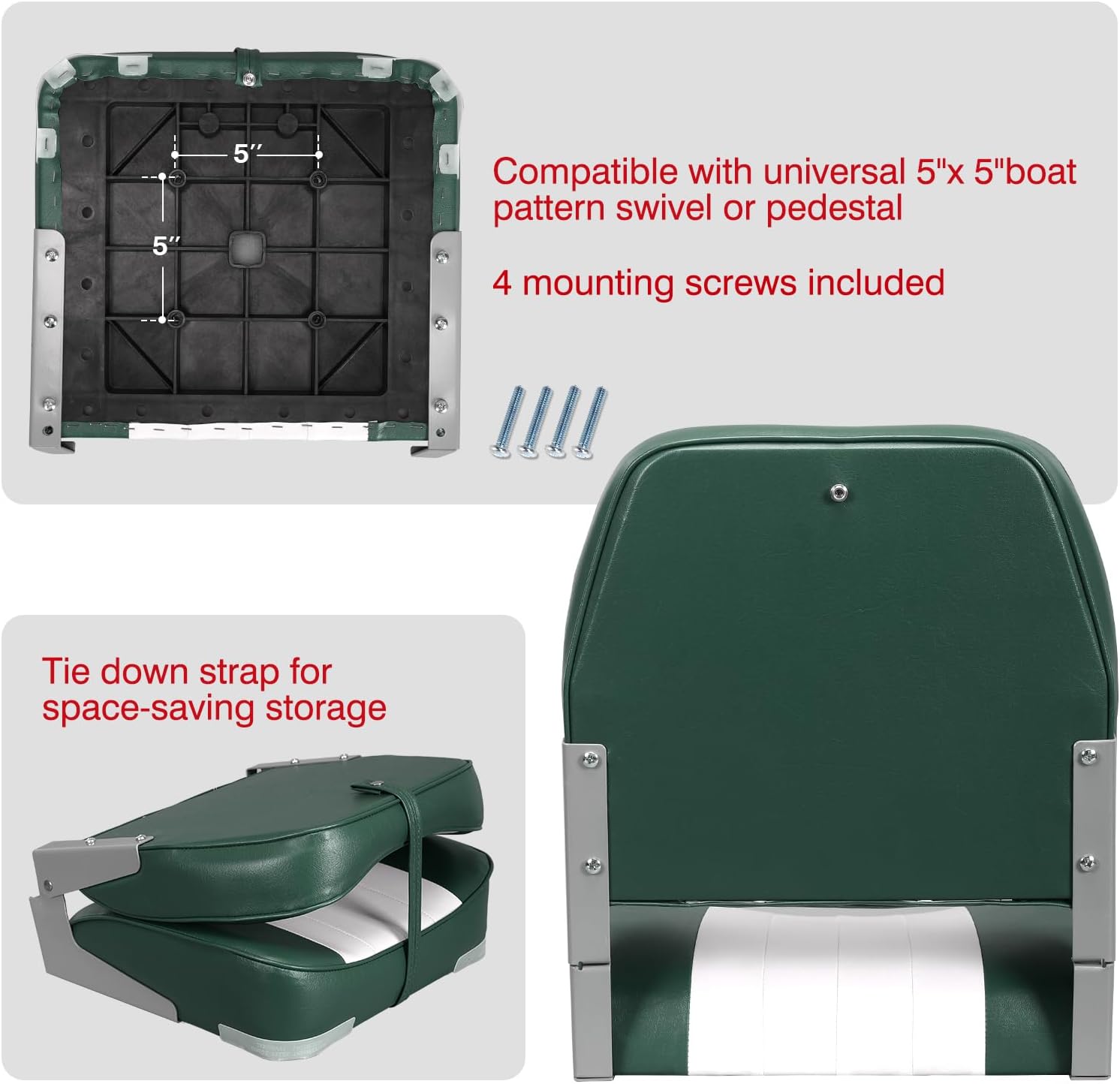 Leader Accessories Classic Low Back Folding Fishing Boat Seat Boat Chairs | Marine Boat Chairs With Thick Cushion, Aluminum Hinge, Use universal 5"x5" Mount, Fits Jon/Bass/Pontoon Boats
