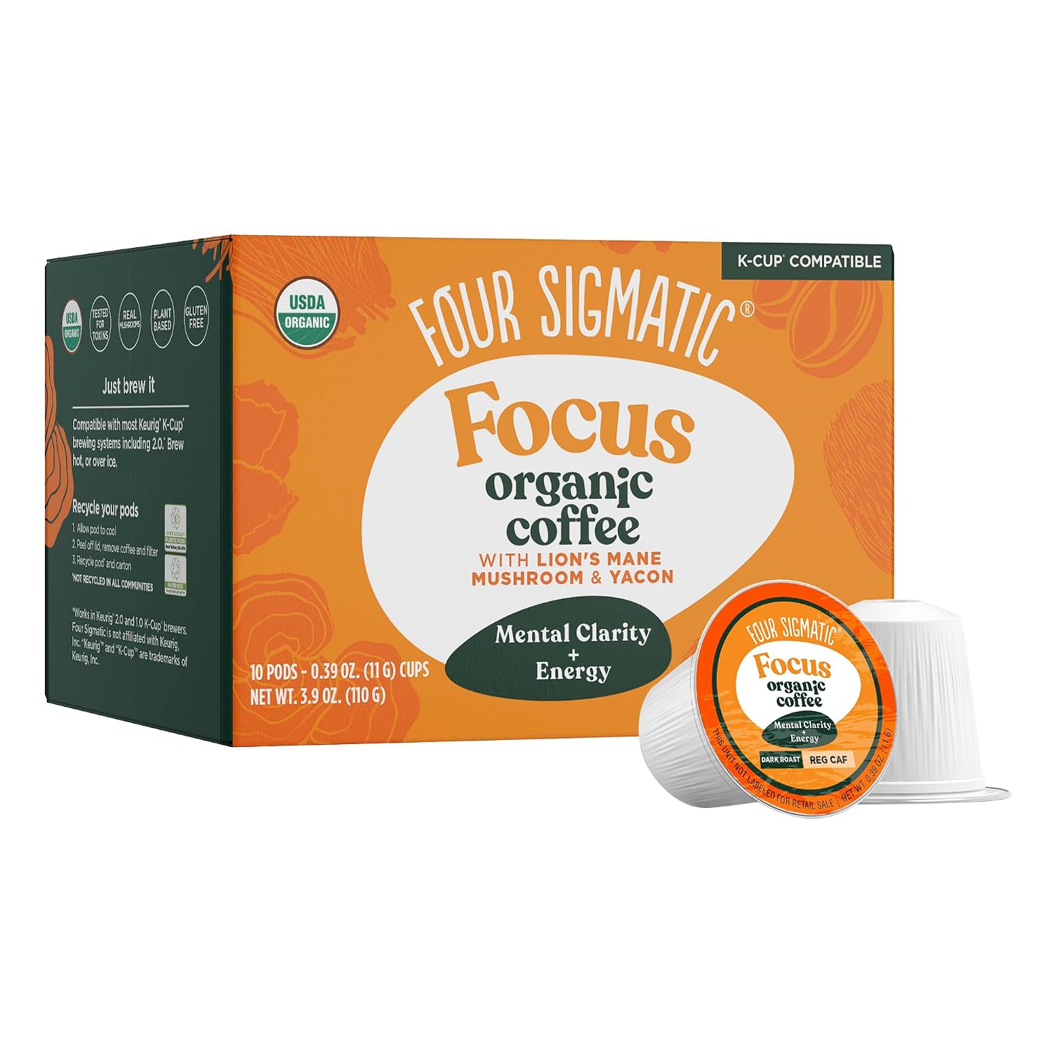 Four Sigmatic Mushroom Coffee K-Cups | Organic Dark Roast Coffee with Lion’s Mane Mushroom Powder & Yacon | Focus & Immune Support | Vegan & Keto