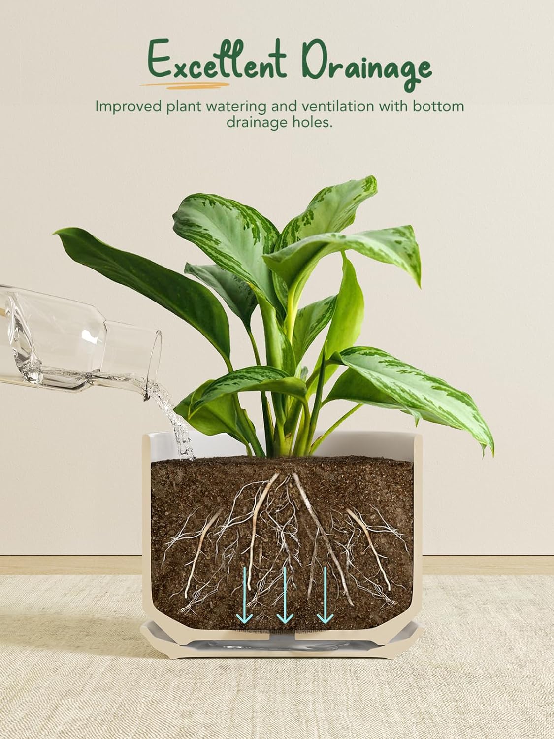 LE TAUCI Ceramic Plant Pots, 4.3+5.3+6.8 inch, Set of 3, Planters with Drainage Hole and Saucer, Indoor Flower Pot with Hole Mesh Pad, Gifts for Mom