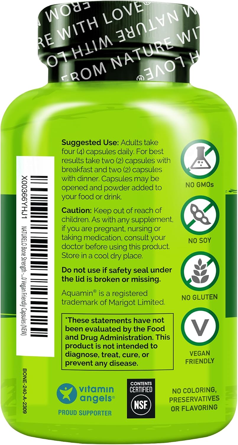 NATURELO Calcium Supplement with Vitamin C, D3, K2, 120 Vegetarian Capsules | Magnesium & Zinc for Bone Strength,Plant-Based Calcium 600mg , Non-GMO, Soy & Gluten-Free
