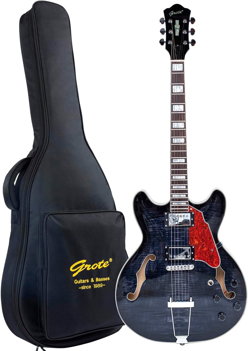 GROTE Jazz Electric Guitar Semi-Hollow Body Trapeze Tailpiece Bridge Guitar Gig Bag (RED)
