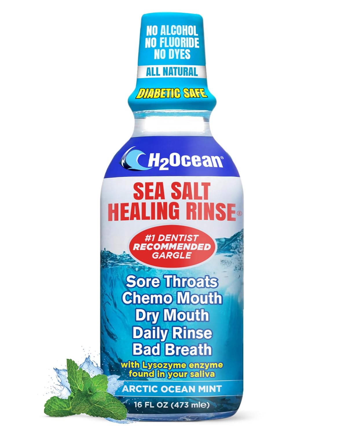 H2Ocean Healing Rinse Natural Sea Salt Mouthwash Arctic Ocean Mint, 8 oz | Alcohol & Fluoride-Free Oral Care for Tonsil Stones, Sore Throats, Wisdom Teeth Recovery & Gum Health, Whitening Mouthwash