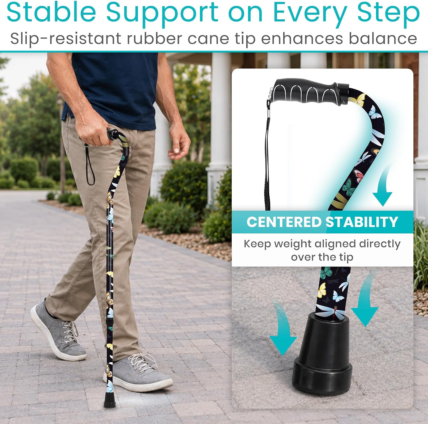 Vive Walking Cane for Women, Men, Elderly - Patented Offset Grip - Lightweight Adjustable Walking Aid with a Non-Slip Tip - Sturdy Balancing Mobility Aid for Seniors