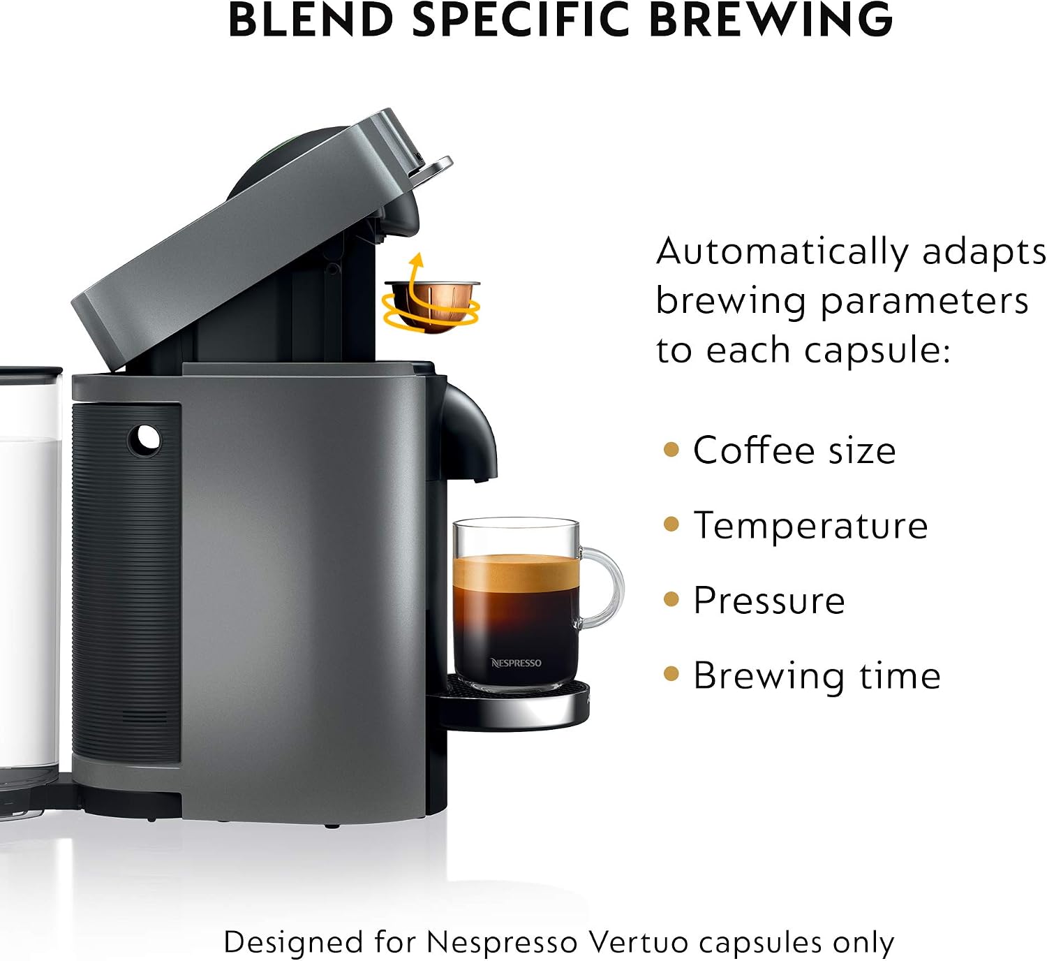 Nespresso Vertuo Plus Coffee & Espresso Maker by De'Longhi, Silver | Titan coffee machine. Brews 4 cup sizes: 5 and 8 oz. coffee