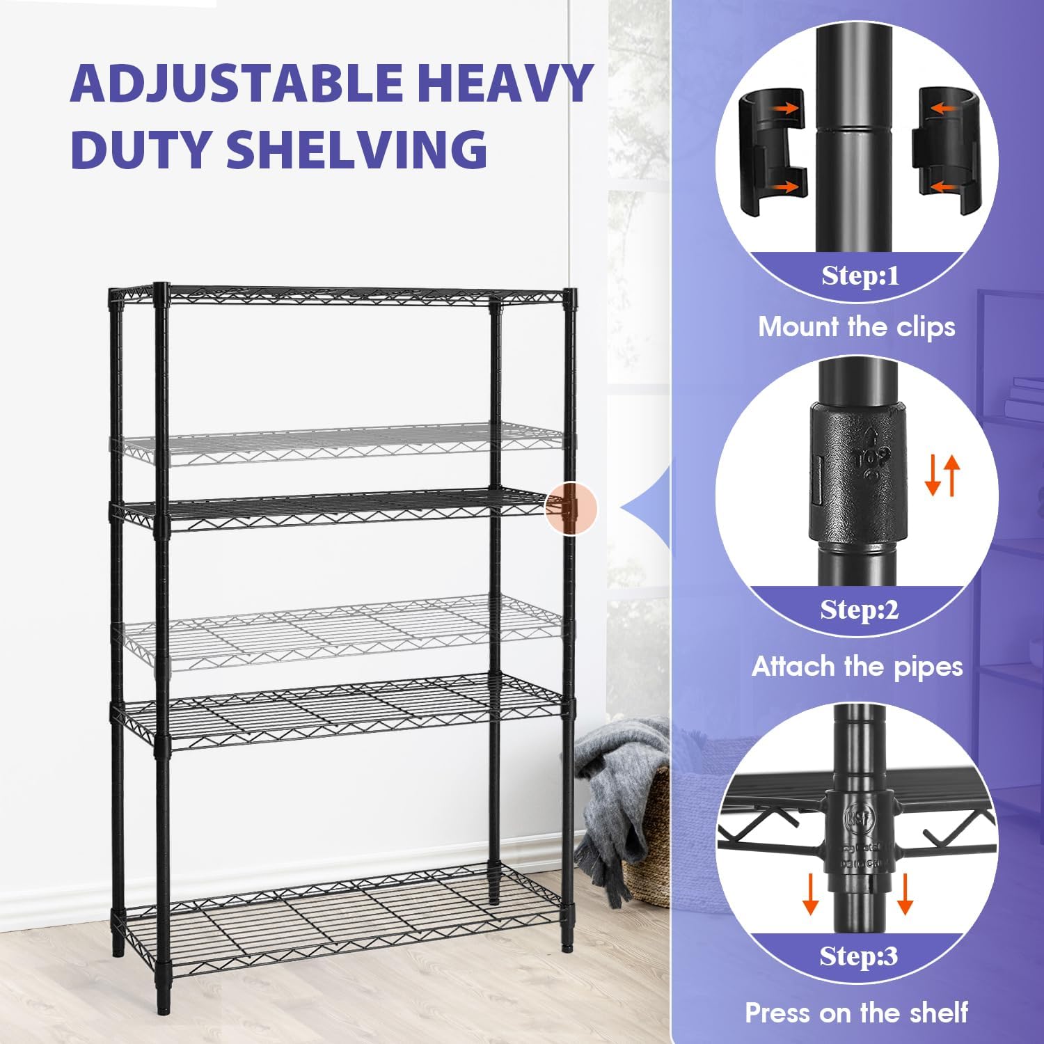 PayLessHere | 6-Tier Wire Shelf with Wheels | 45"x18"x82" | Black