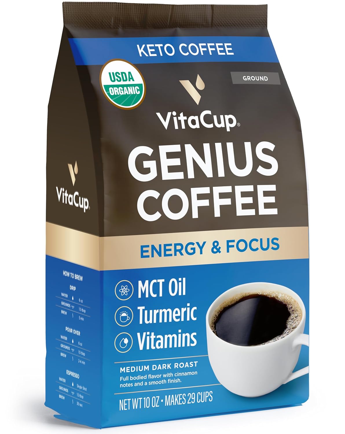 VitaCup Genius Keto Ground Coffee with MCT Oil, 11oz