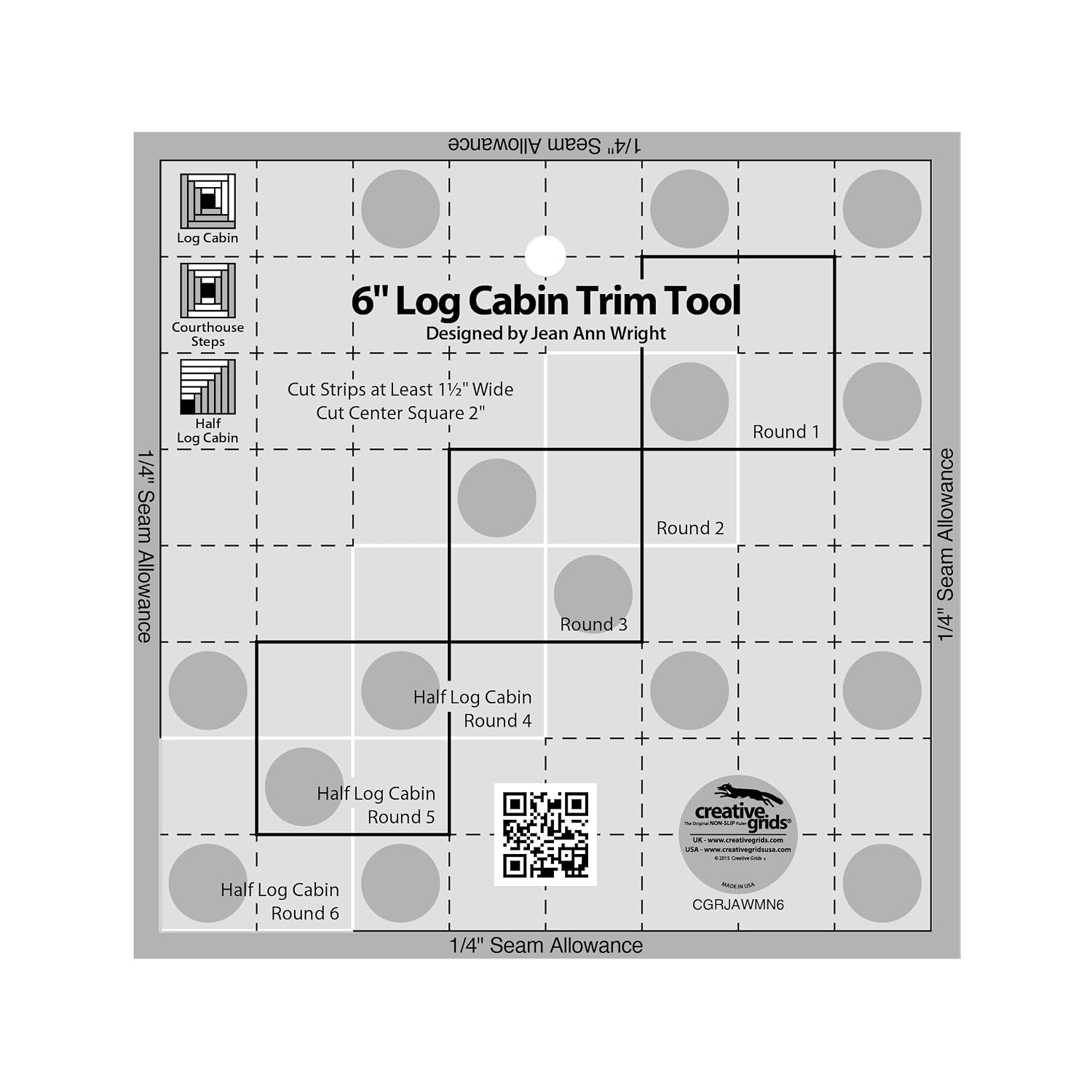 Creative Grids 6in Log Cabin Trim Tool Quilt Ruler – CGRJAWMN6 – Made in USA, 6-1/2in x 6-1/2in, Non-Slip Grip Acrylic Quilting, Sewing, Crafting