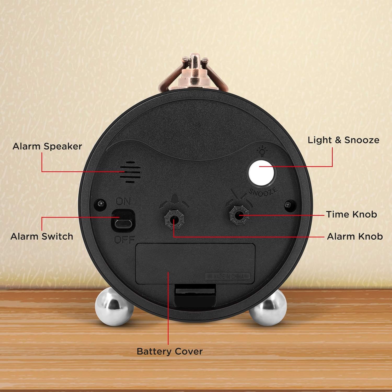 Peakeep 4" Small Battery Operated Analog Alarm Clock, Antique Retro Style