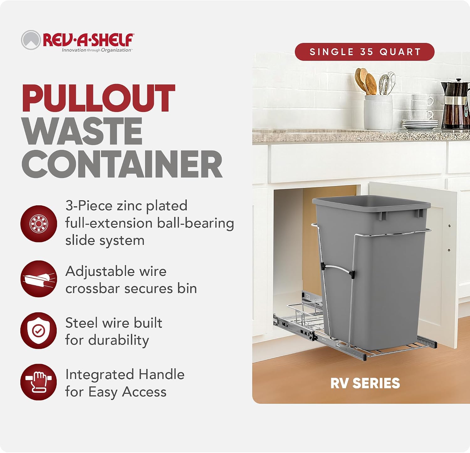 Rev-A-Shelf Pullout Trash Can for Kitchen Cabinets, Black Waste Bin, 35 Qt | Large Capacity Garbage/ Recycling Waste Container, Heavy Gauge Metal Wire Construction w/Full Extension Slides, RV-12KD-18C S