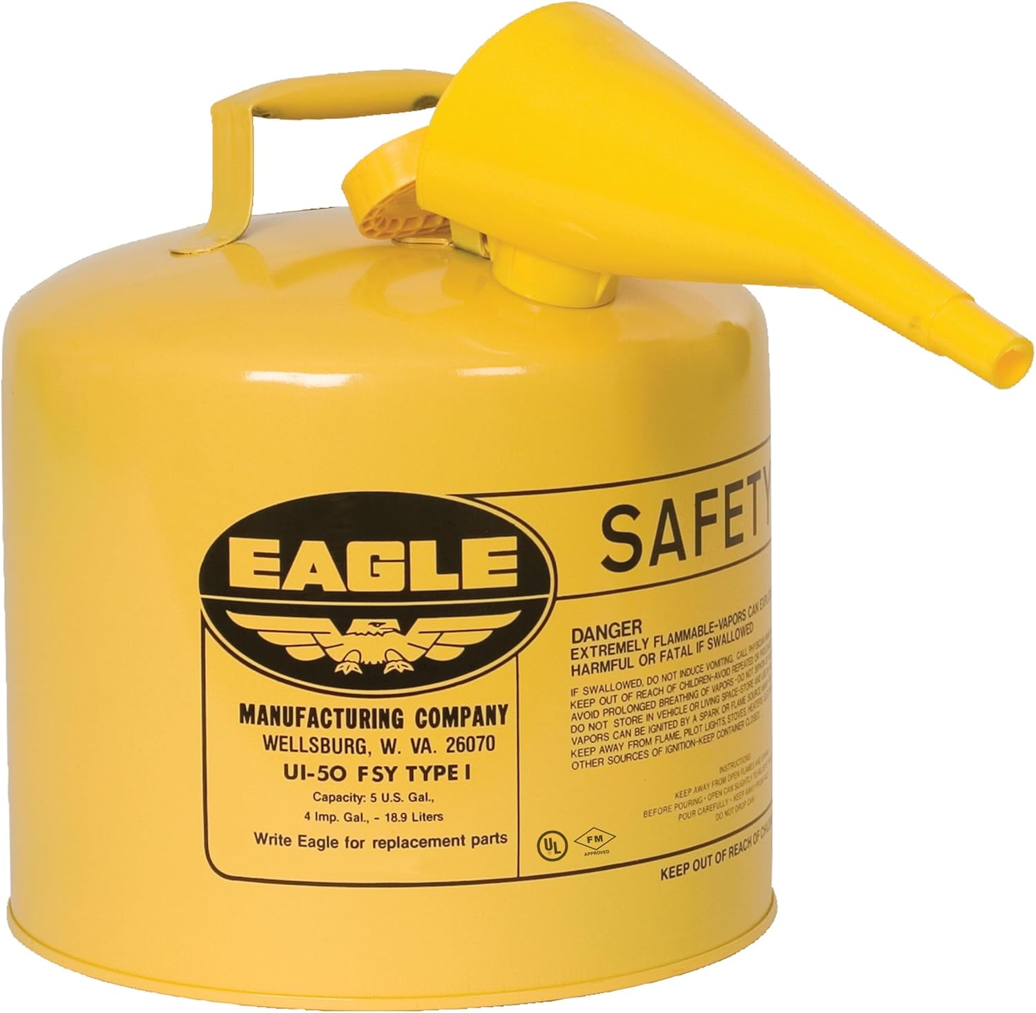 Eagle 5 Gallon Type I Yellow Safety Gas Can for Diesel | Flame Arrester, Self-Closing Lid, and F-15 Funnel, Made in the USA
