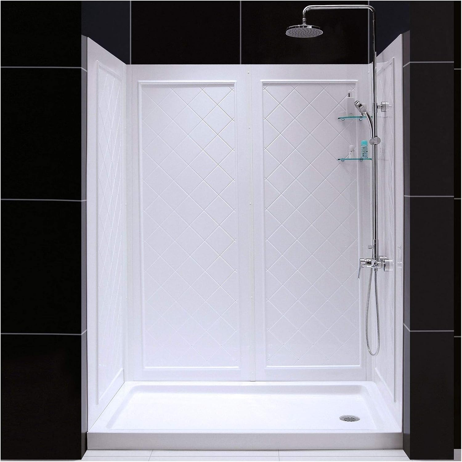 DreamLine 36 in. D x 60 in. W x 76 3/4 in. H Left Drain Acrylic Shower Base and QWALL-5 Backwall Kit In White, DL-6192L-01